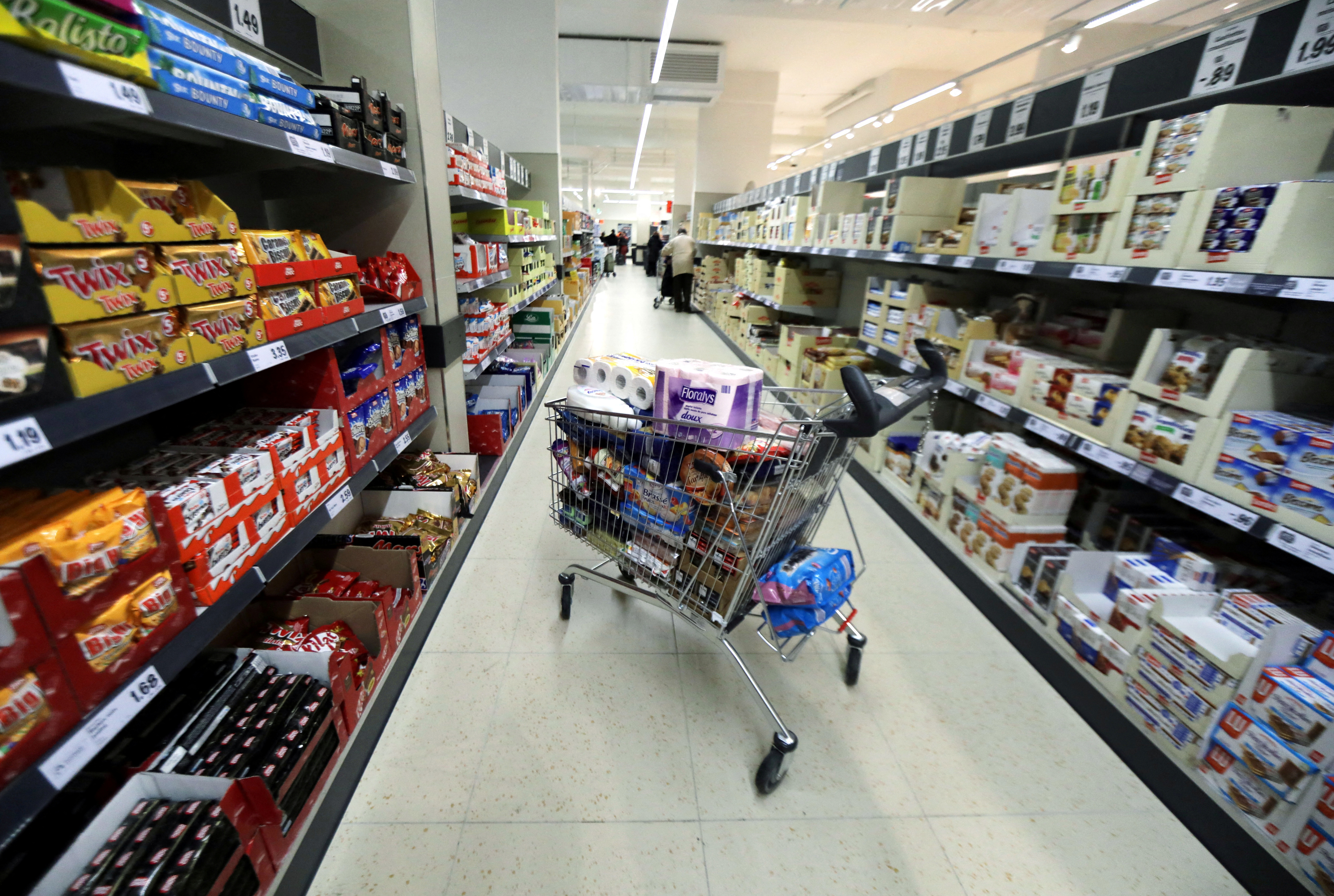 A shopping trolley is seen in a Lidl supermarket in Nice