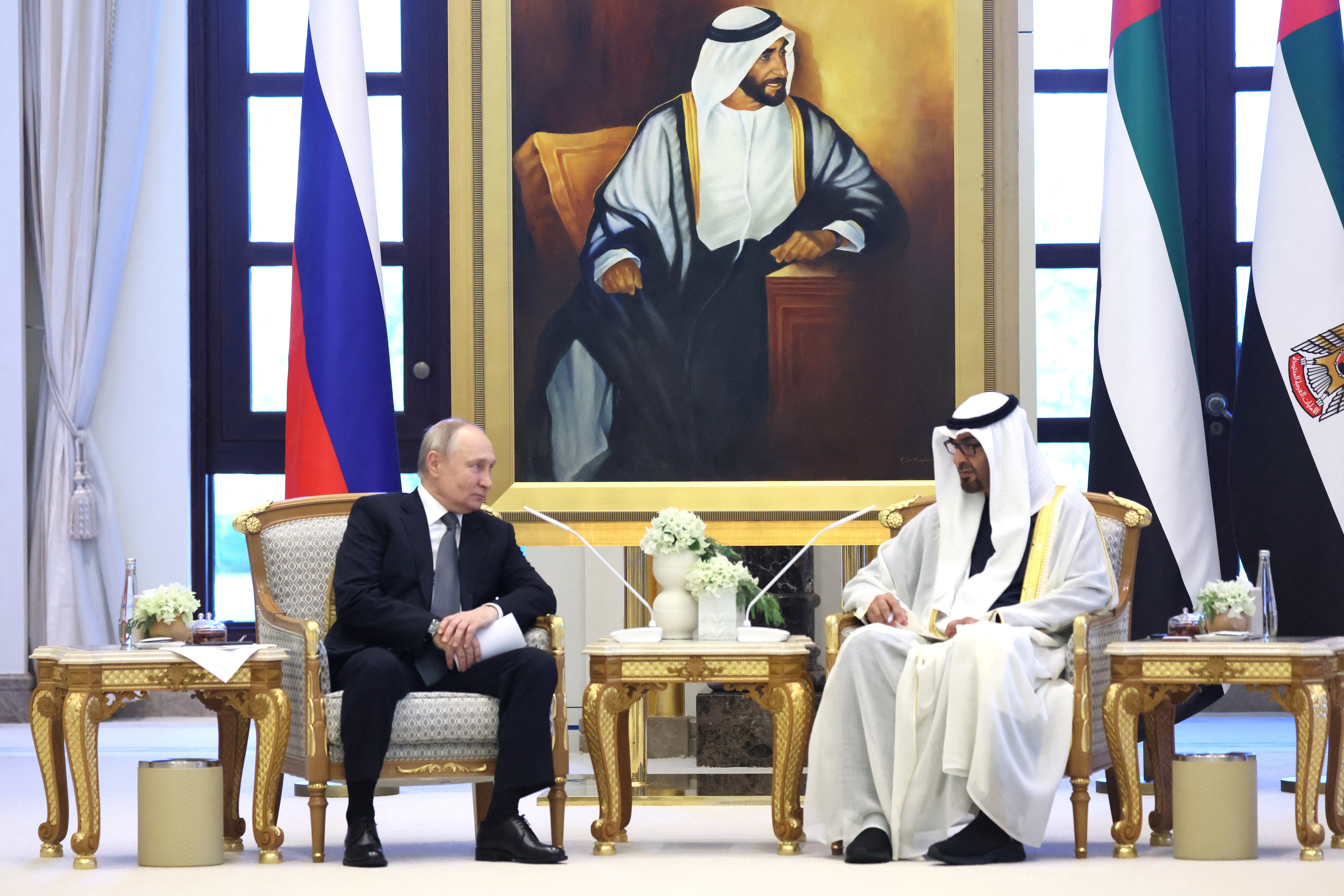 President of the United Arab Emirates Sheikh Mohamed bin Zayed Al Nahyan meets with Russian President Vladimir Putin in Abu Dhabi