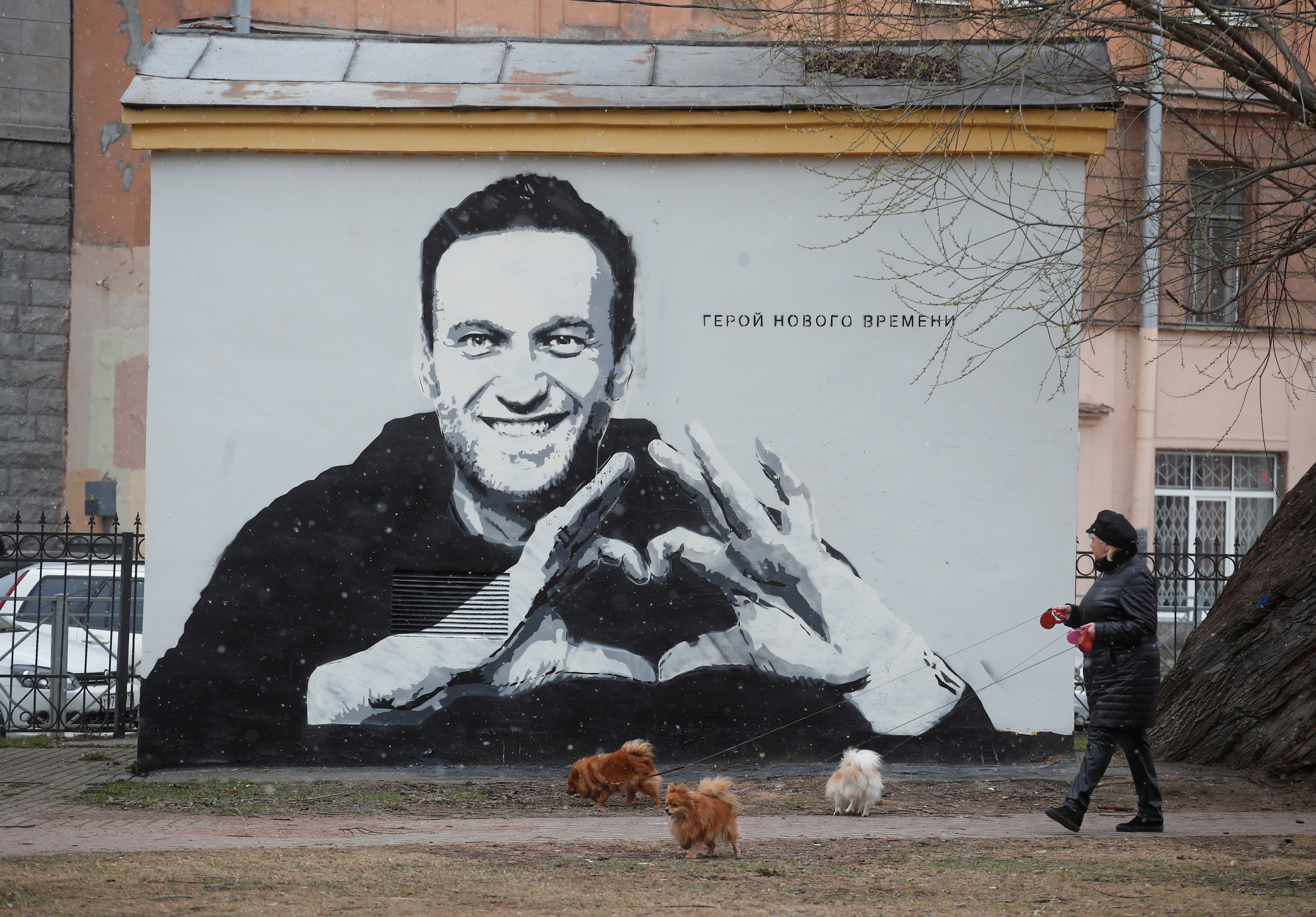 A woman walks her dogs in front of a graffiti depicting Alexei Navalny in Saint Petersburg