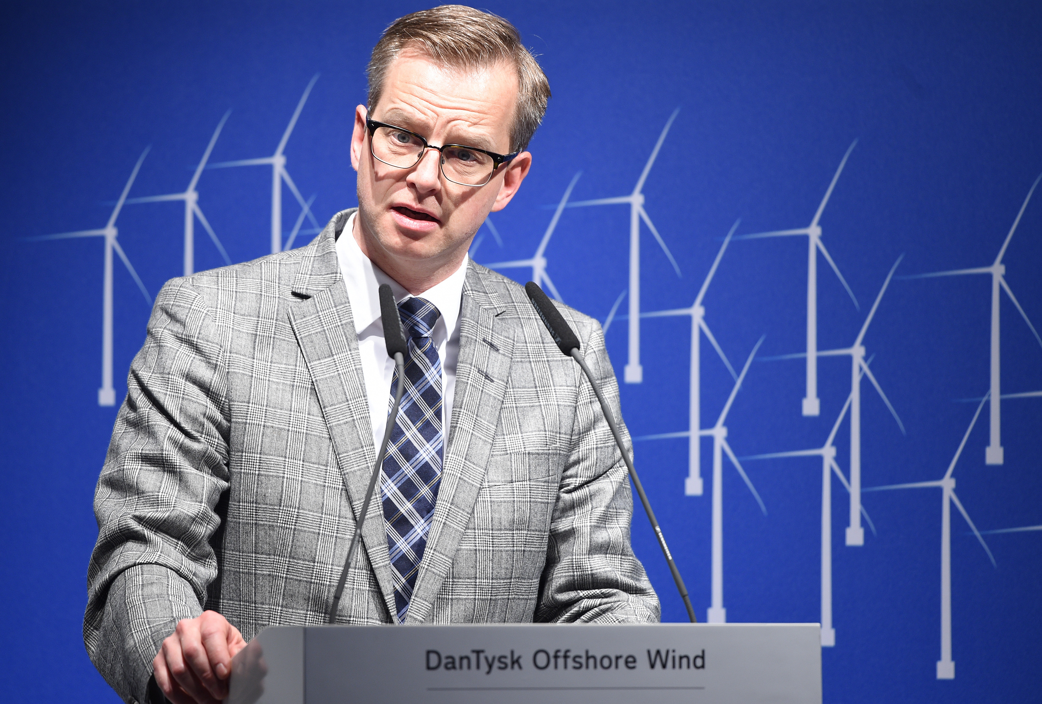 Swedish Minister for Enterprise and Innovation Damberg delivers his speech during  Dan Tysk offshore wind farm opening ceremony in Hamburg