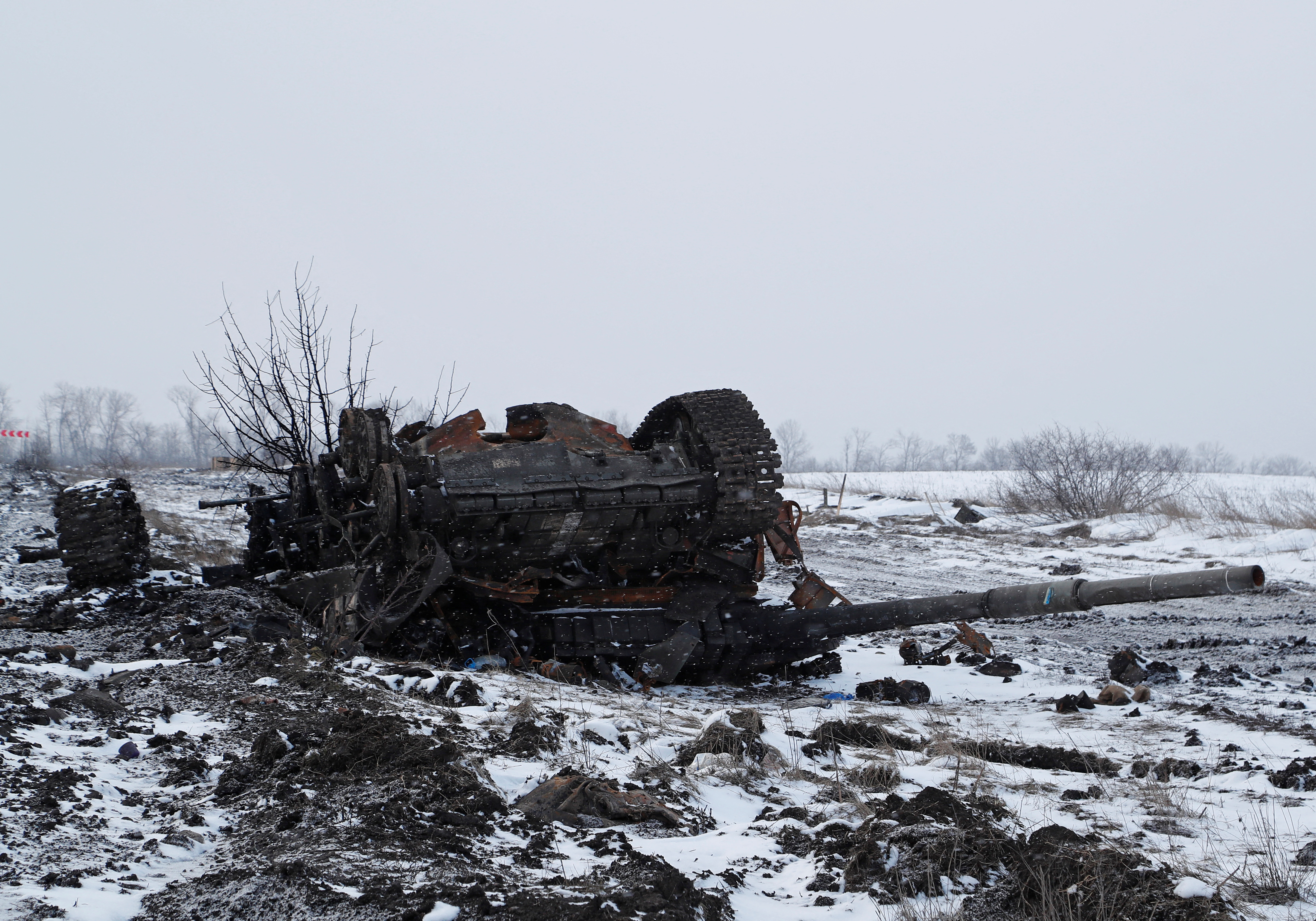 A destroyed armoured vehicle is seen in the separatist-controlled village of Anadol during Ukraine-Russia conflict in the Donetsk region