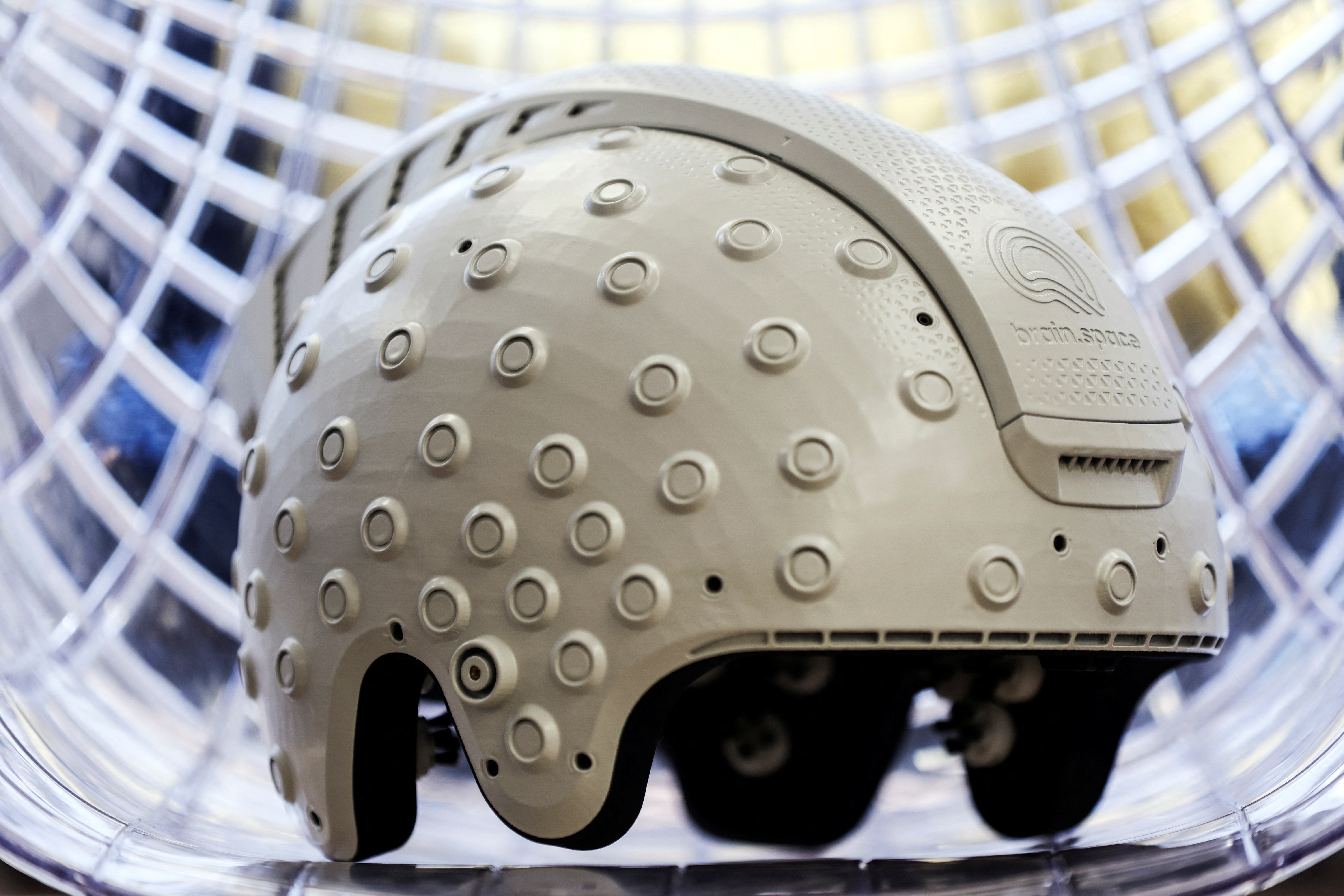 An EEG enabled helmet, due to be used in an experiment on the impact of a microgravity environment on brain activity is displayed at Israeli startup Brain.Space in Tel Aviv