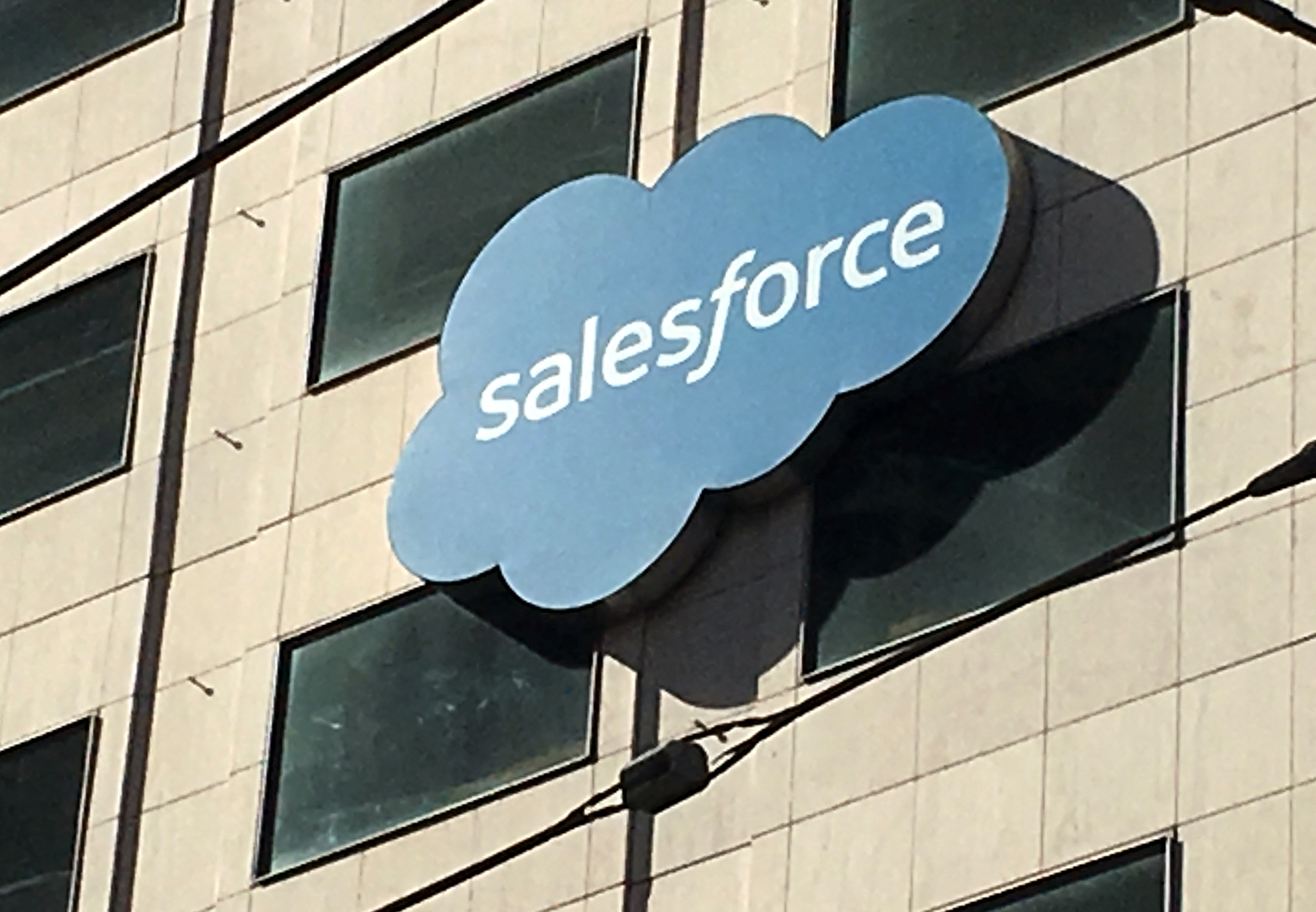 The Salesforce logo is pictured on a building in San Francisco