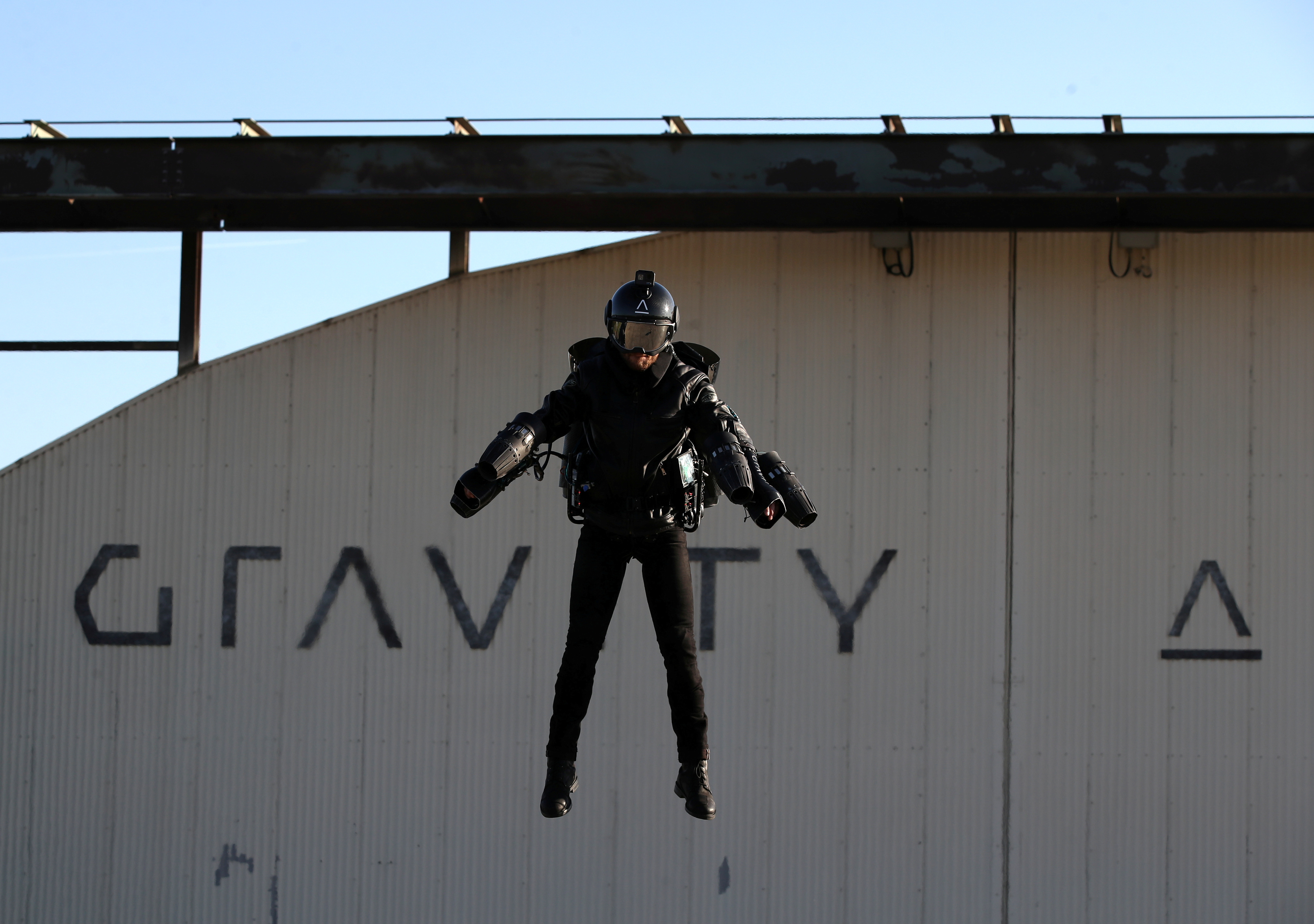 Richard Browning, Chief Test Pilot and CEO of Gravity Industries, wears a Jet Suit and flies during a demonstration flight at Bentwaters Park, Woodbridge