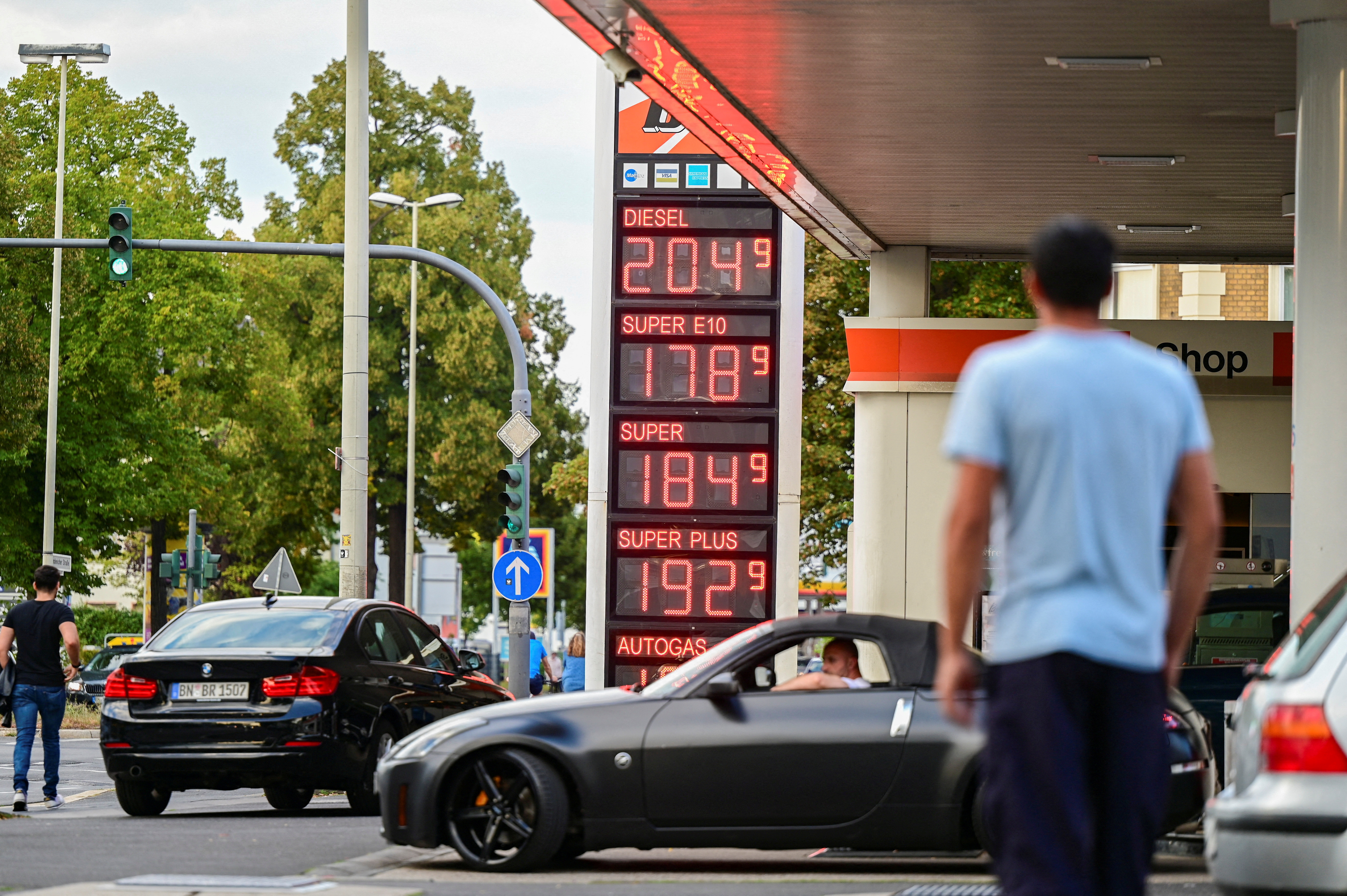 Petrol prices are displayed at a bft petrol station in Bonn, Germany,