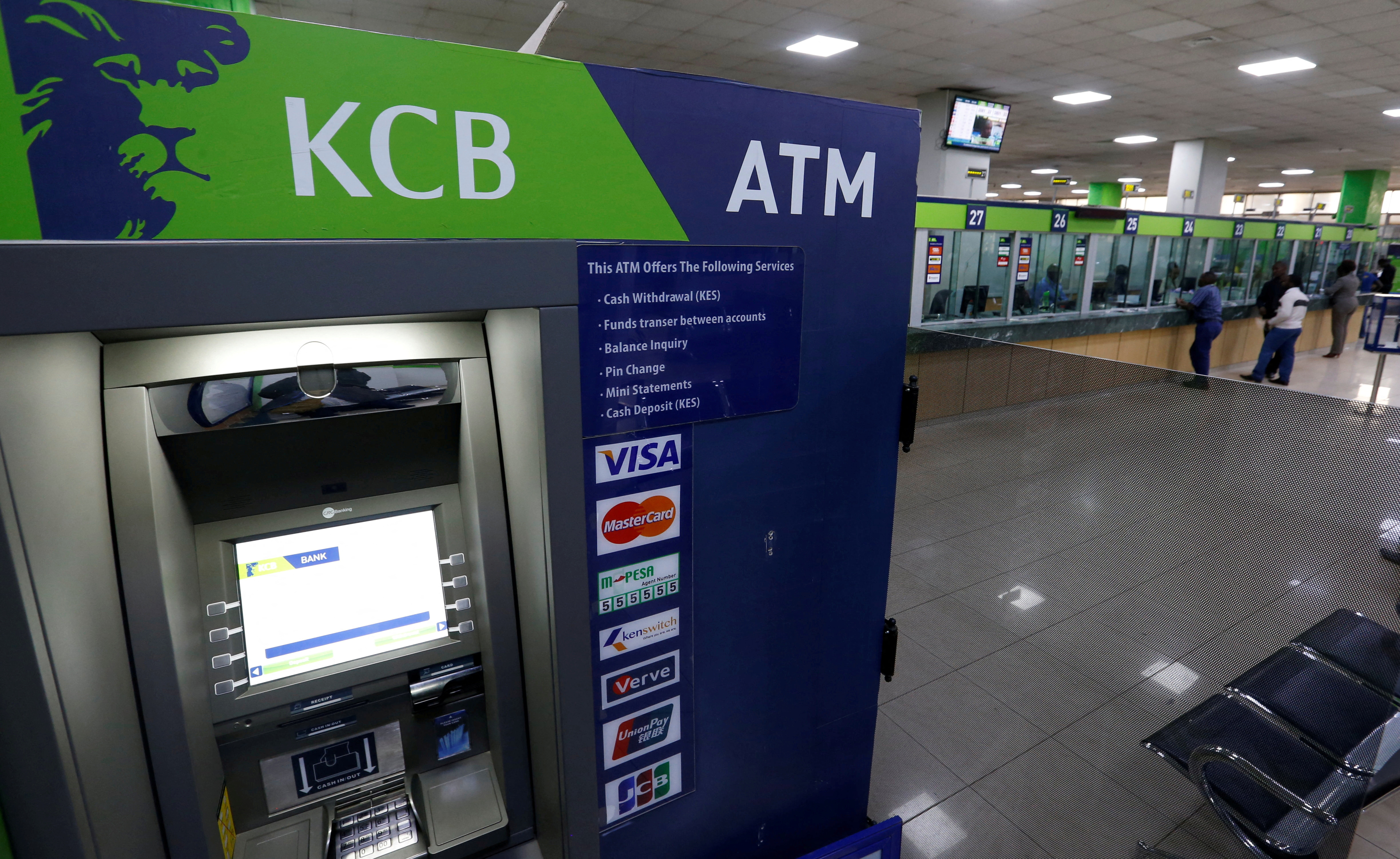 An ATM is seen in the banking hall at the KCB Kencom branch in Nairobi