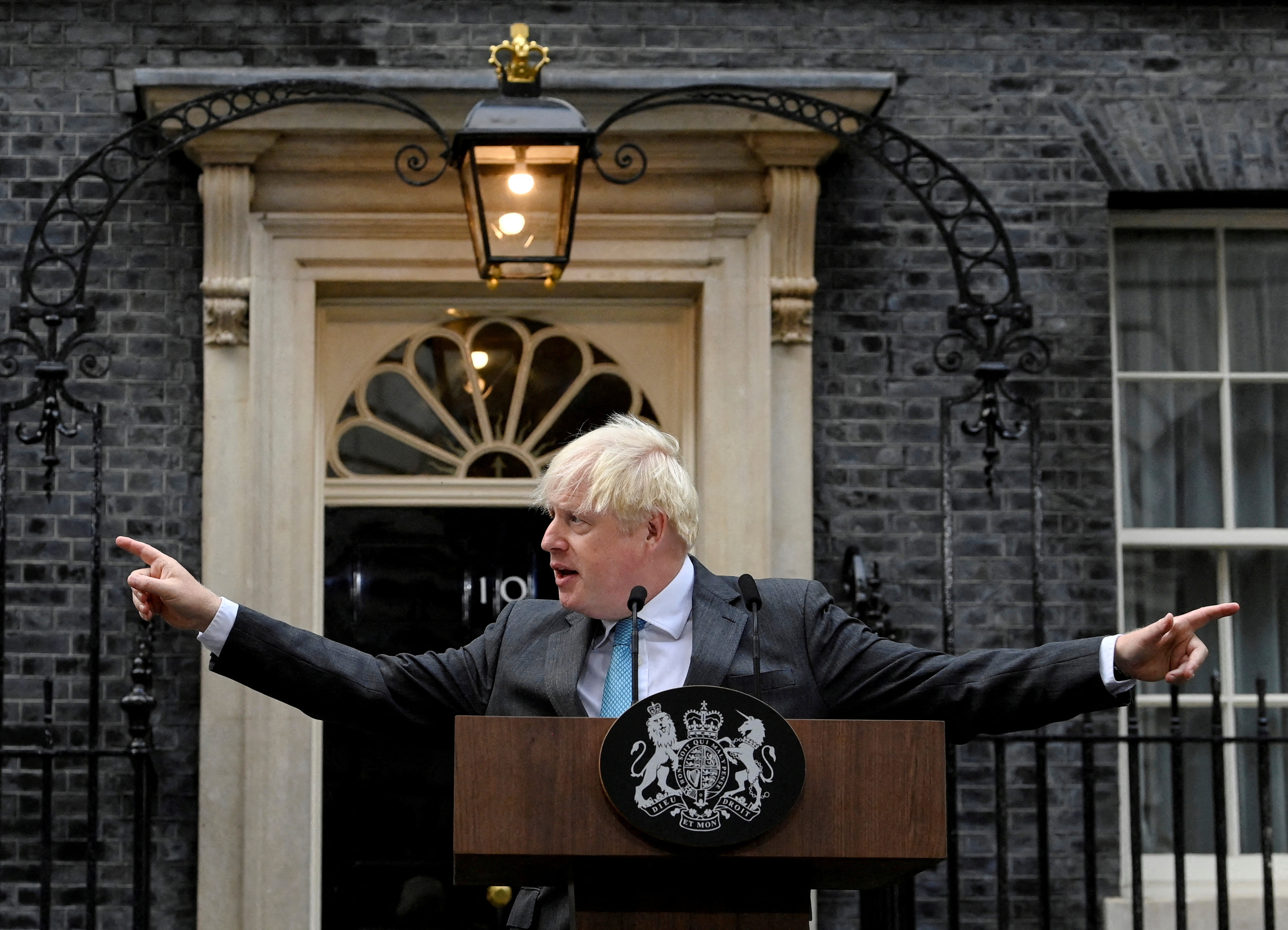 Outgoing British Prime Minister Boris Johnson delivers a speech on his last day in office