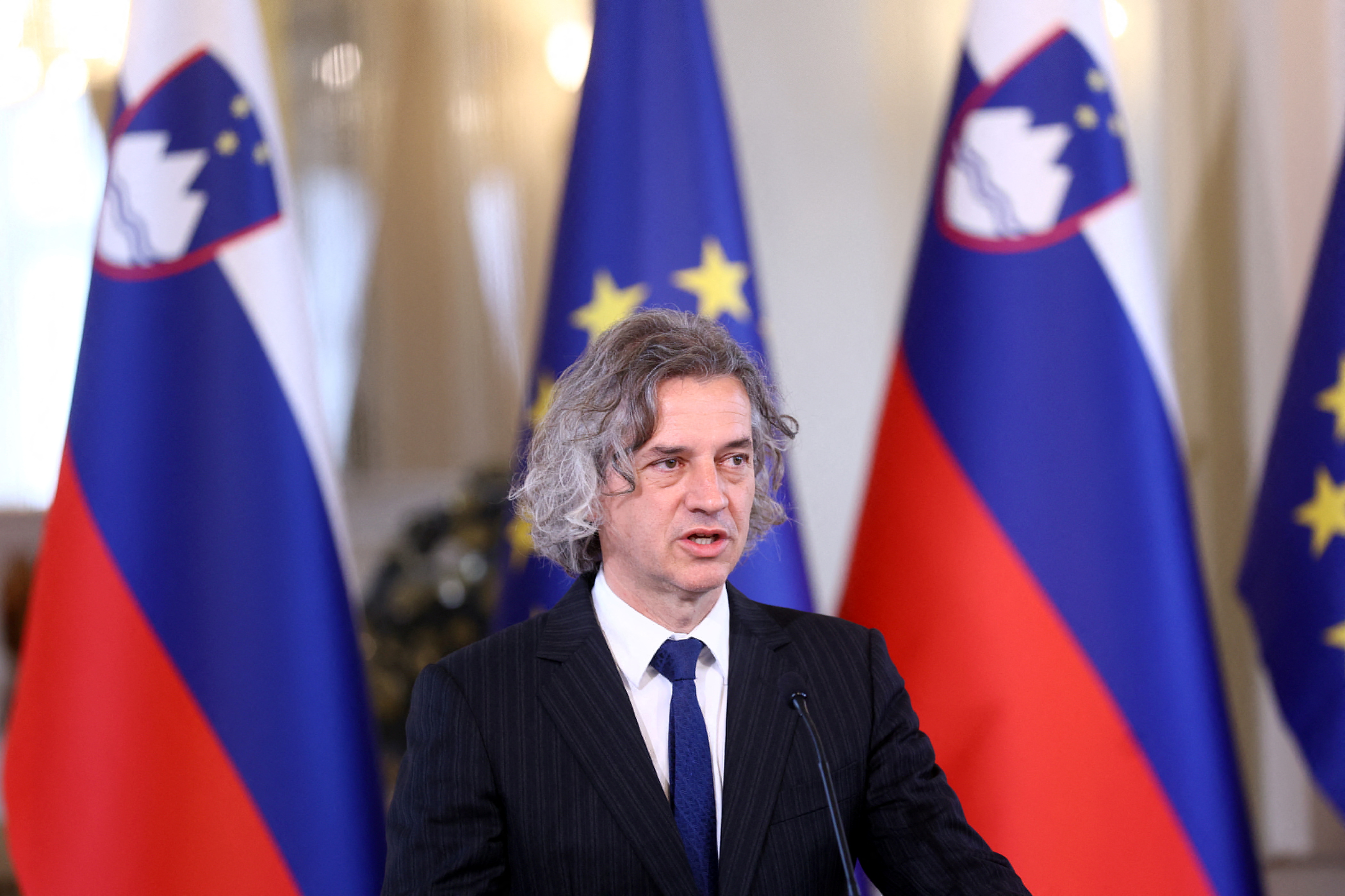 Winner of Parliamentary elections Robert Golob addresses a news conference after an informal meeting with Slovenia's President Borut Pahor in Ljubljana
