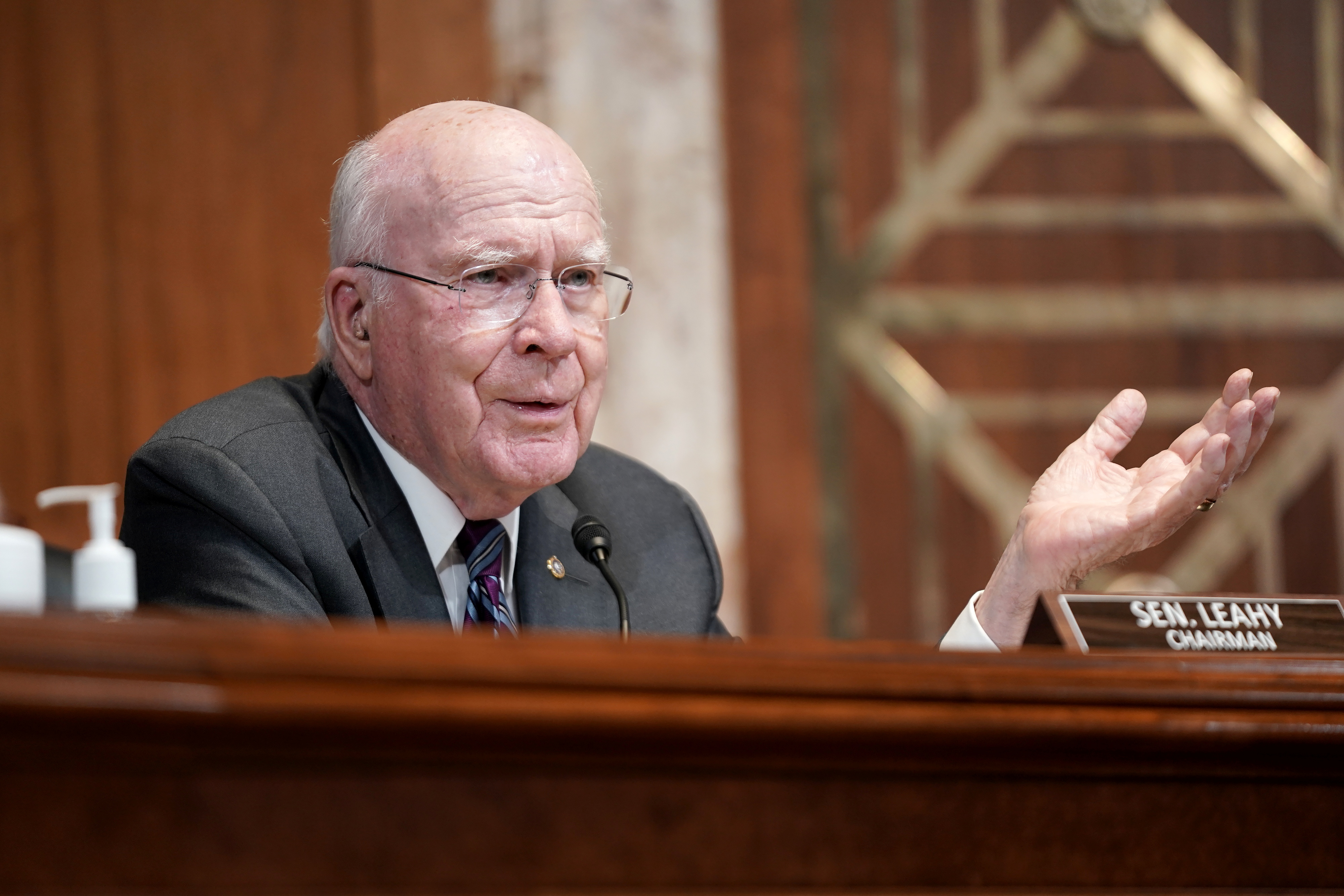 Senator Patrick Leahy (D-VT) questions Treasury Secretary Janet Yellen during the Senate Appropriations Subcommittee hearing to examine the FY22 budget request for the Treasury Department on Capitol Hill in Washington, DC, U.S., June 23, 2021.  Greg Nash/Pool via REUTERS/File Photo