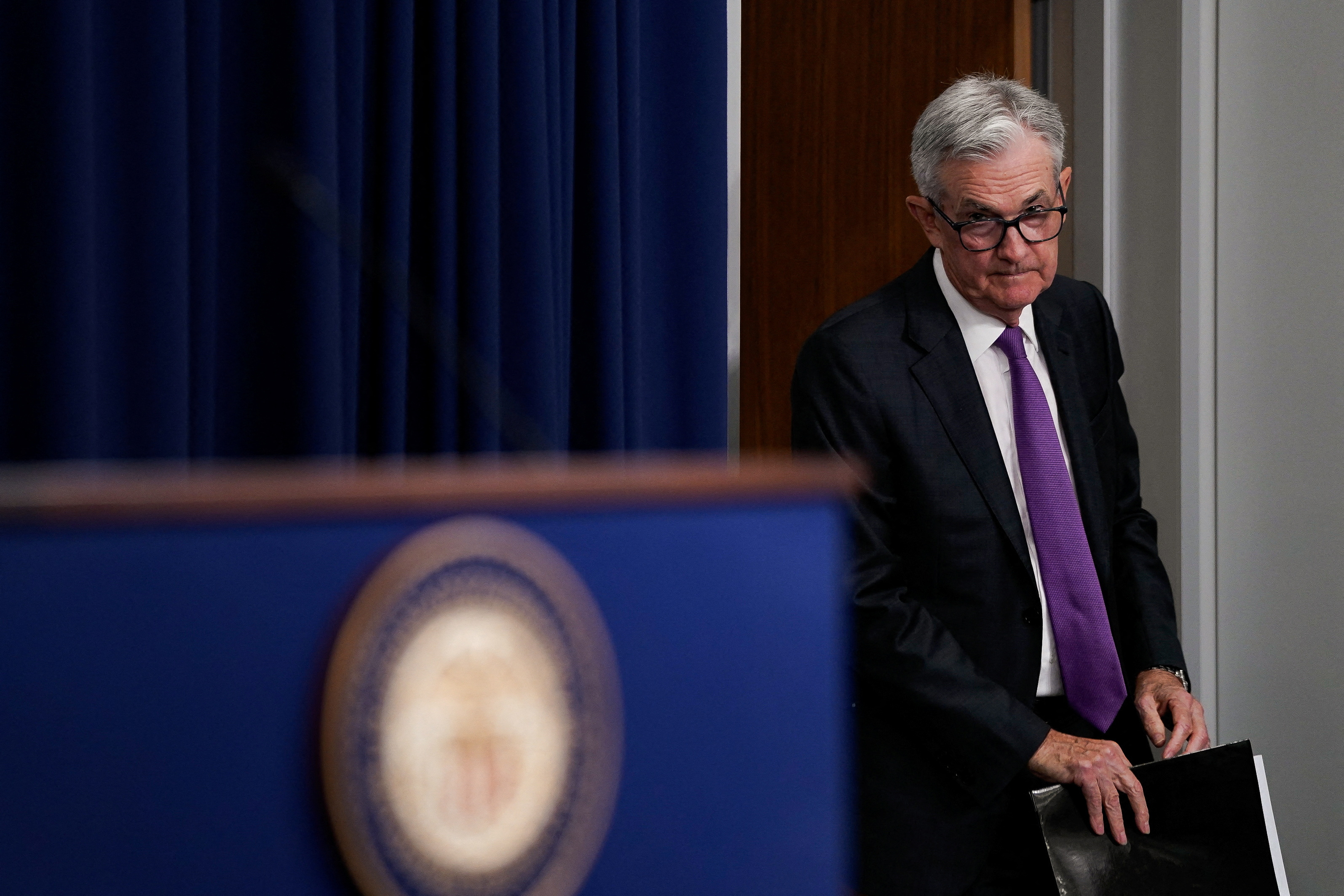Federal Reserve Board Chairman Jerome Powell attends a press conference in Washington