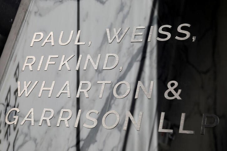 Signage is seen outside of the law firm Paul, Weiss, Rifkind, Wharton & Garrison LLP in Washington, D.C.