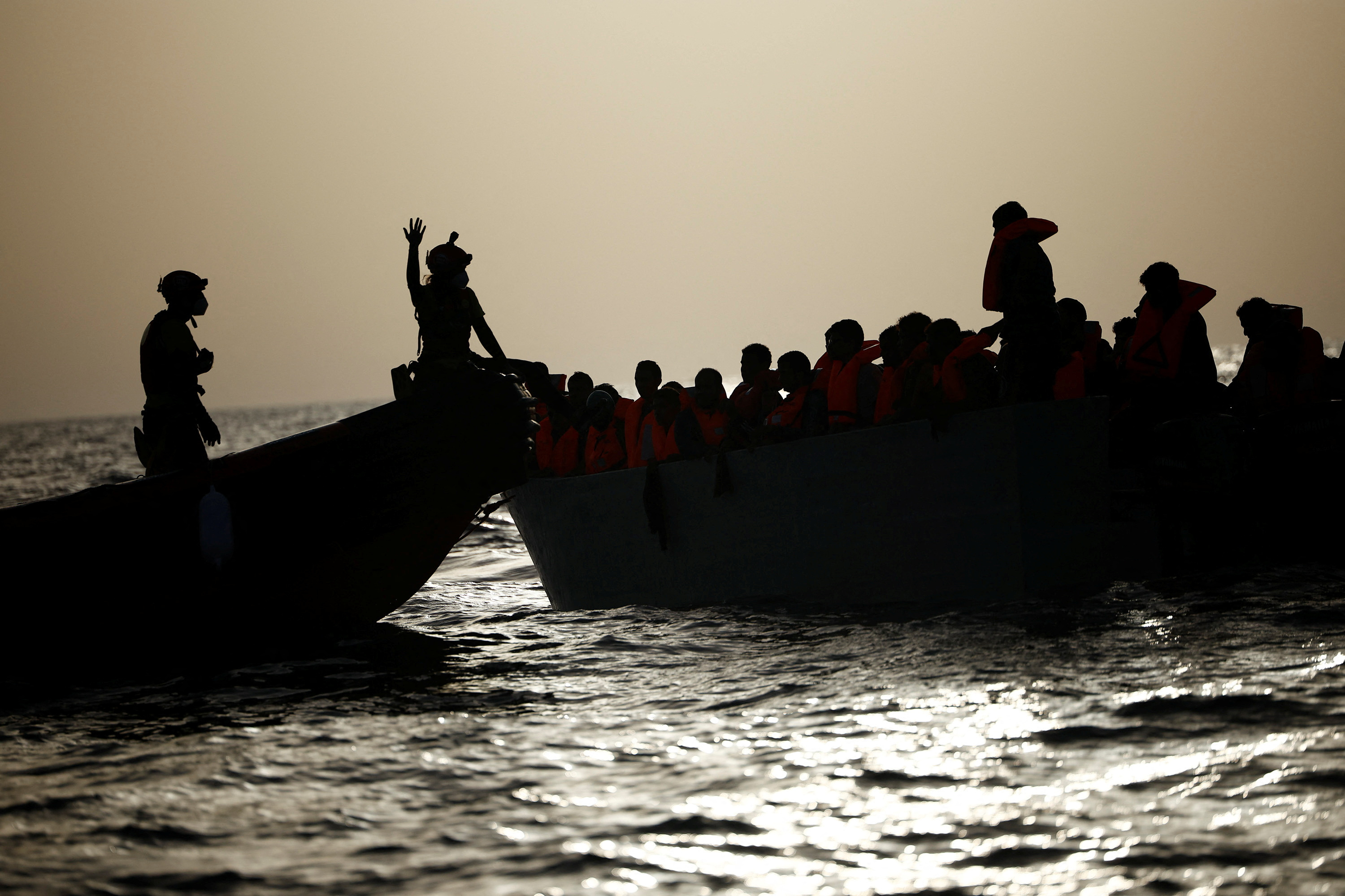 NGO Proactiva Open Arms Uno rescue boat in central Mediterranean Sea