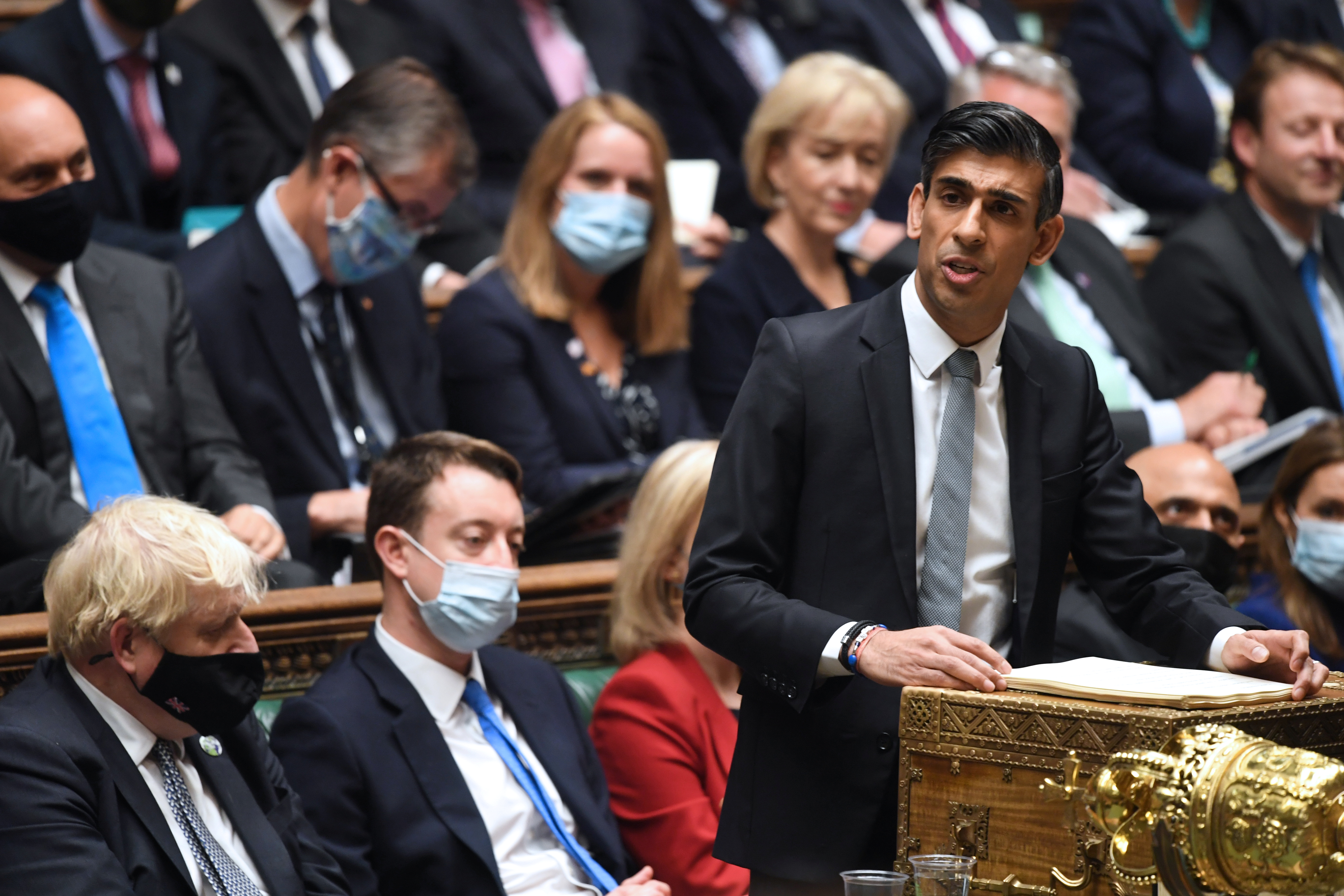 Britain's Chancellor of the Exchequer Rishi Sunak addresses lawmakers during a session on the budget at the Parliament, in London, Britain October 27, 2021. UK Parliament/Jessica Taylor/Handout via REUTERS