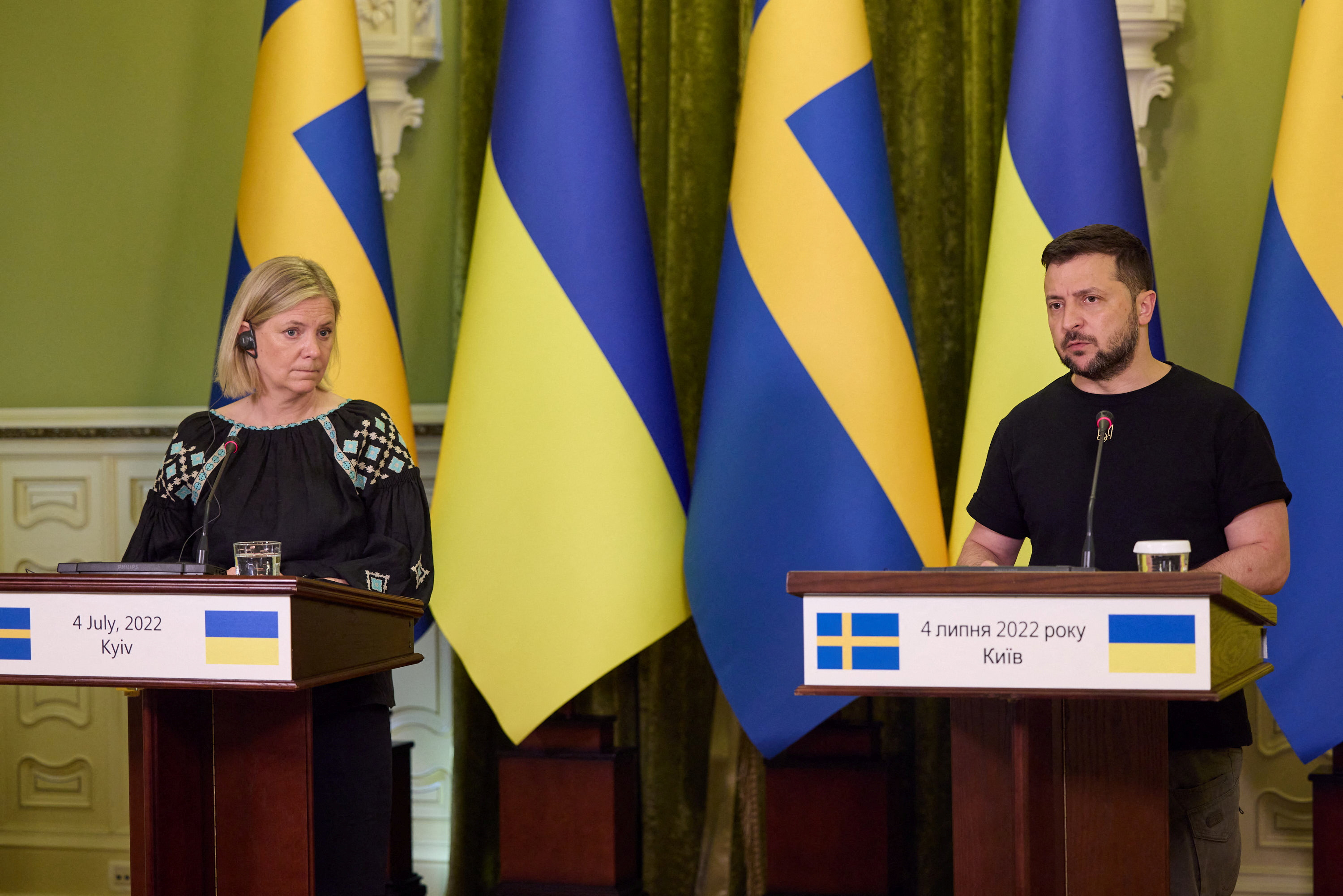 Ukraine's President Zelenskiy and Swedish Prime Minister Andersson attend a joint news briefing in Kyiv