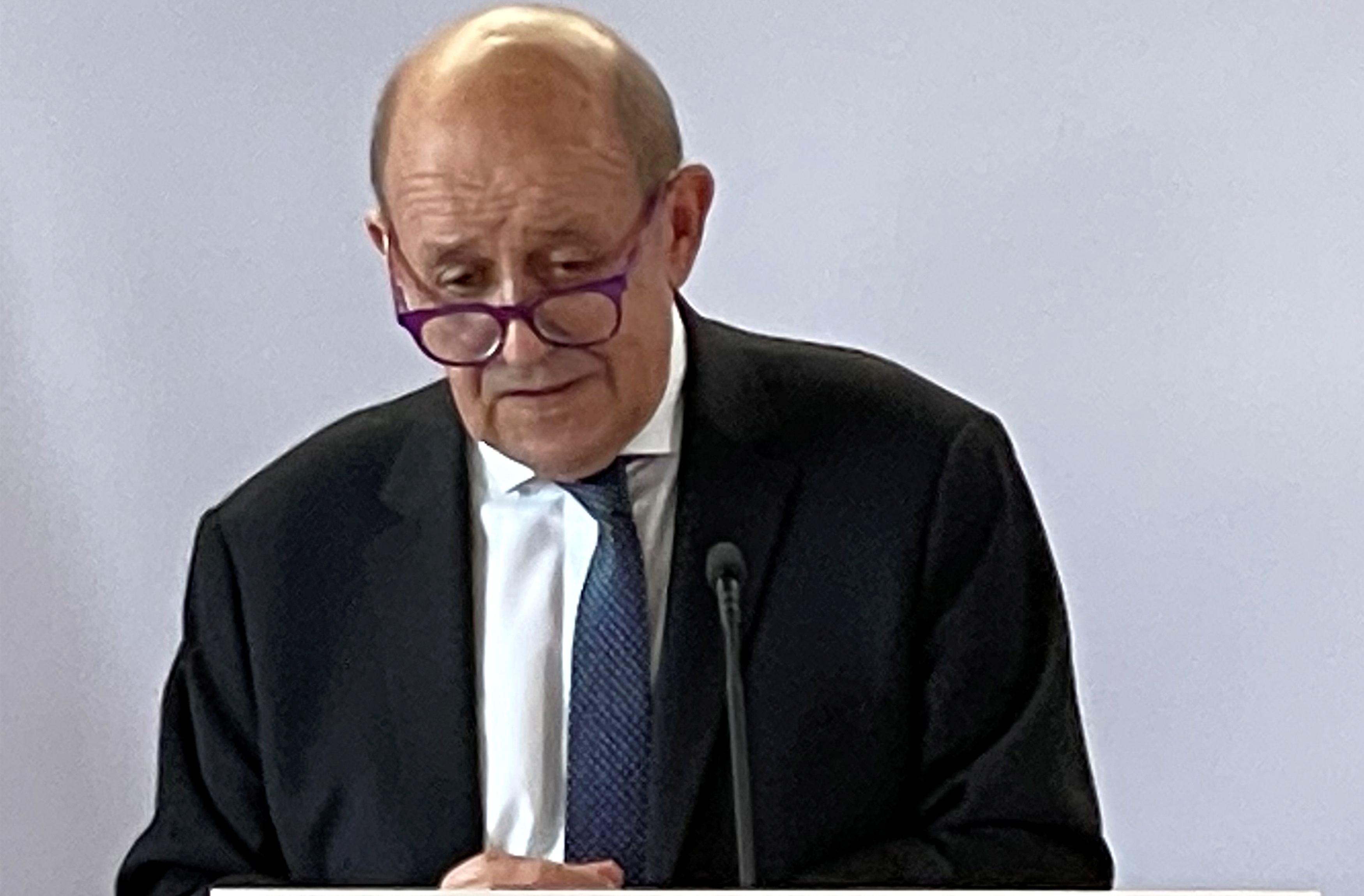 French Foreign Minister Jean-Yves Le Drian speaks during a news conference in New York