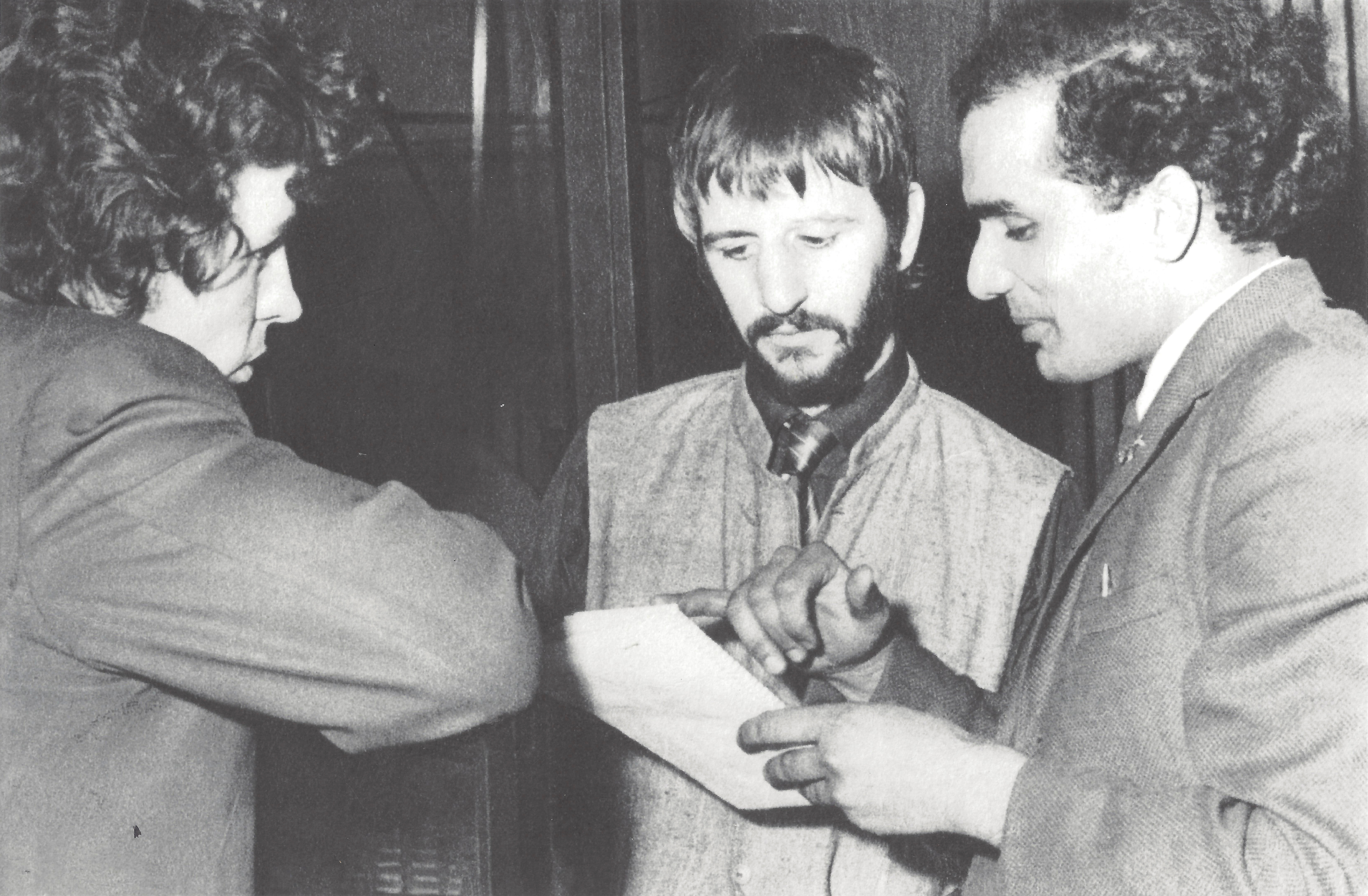 Suresh Joshi meets with engineer John Brahn and Ringo Starr in 1968 in Liverpool