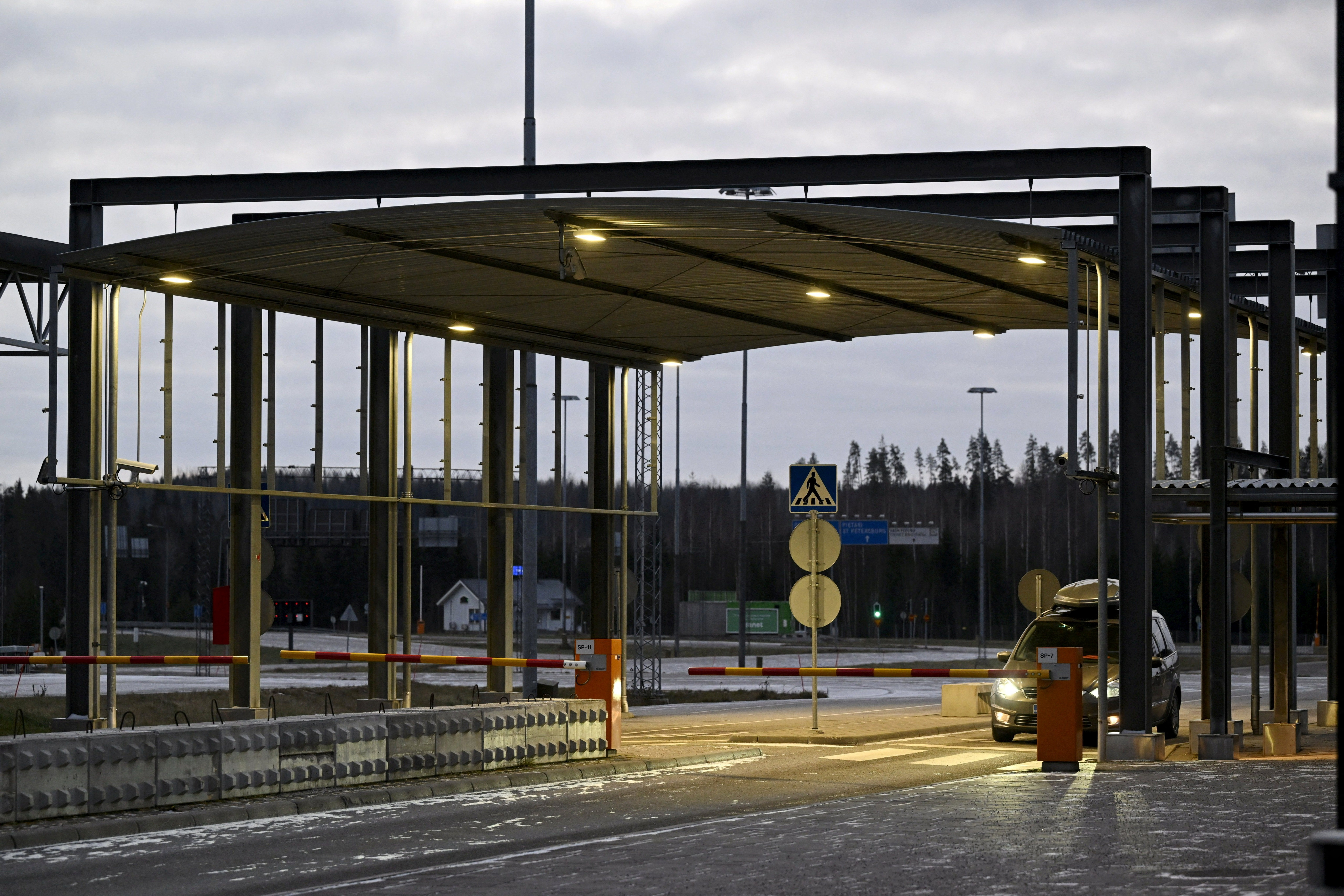 A car is seen at the border between Russia and Finland at the Nuijamaa border checkpoint in Lappeenranta