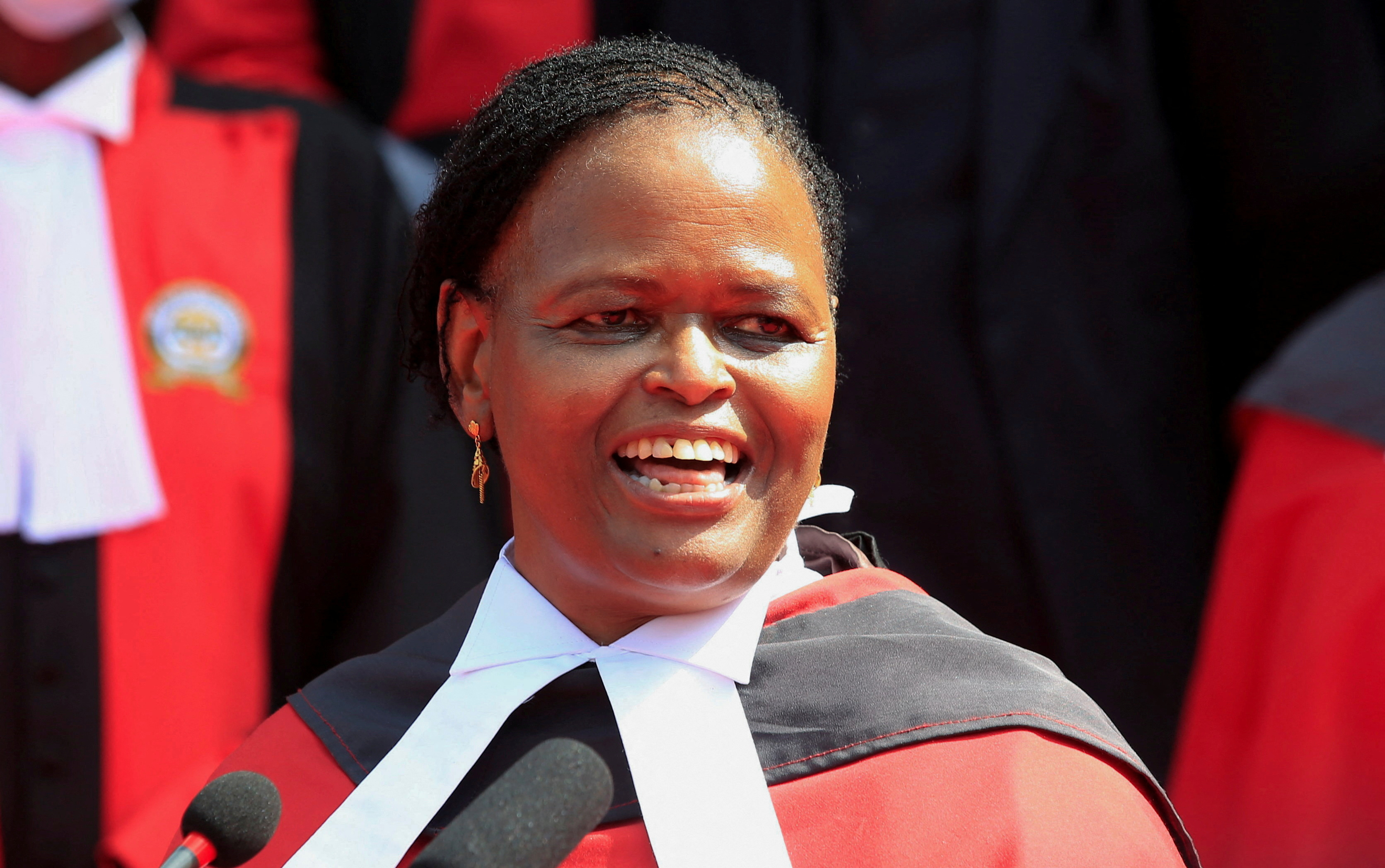 Kenya's Chief Justice Martha Koome addresses members of the Judiciary during a reception after her Swearing-in ceremony, outside the Supreme Court building in Nairobi