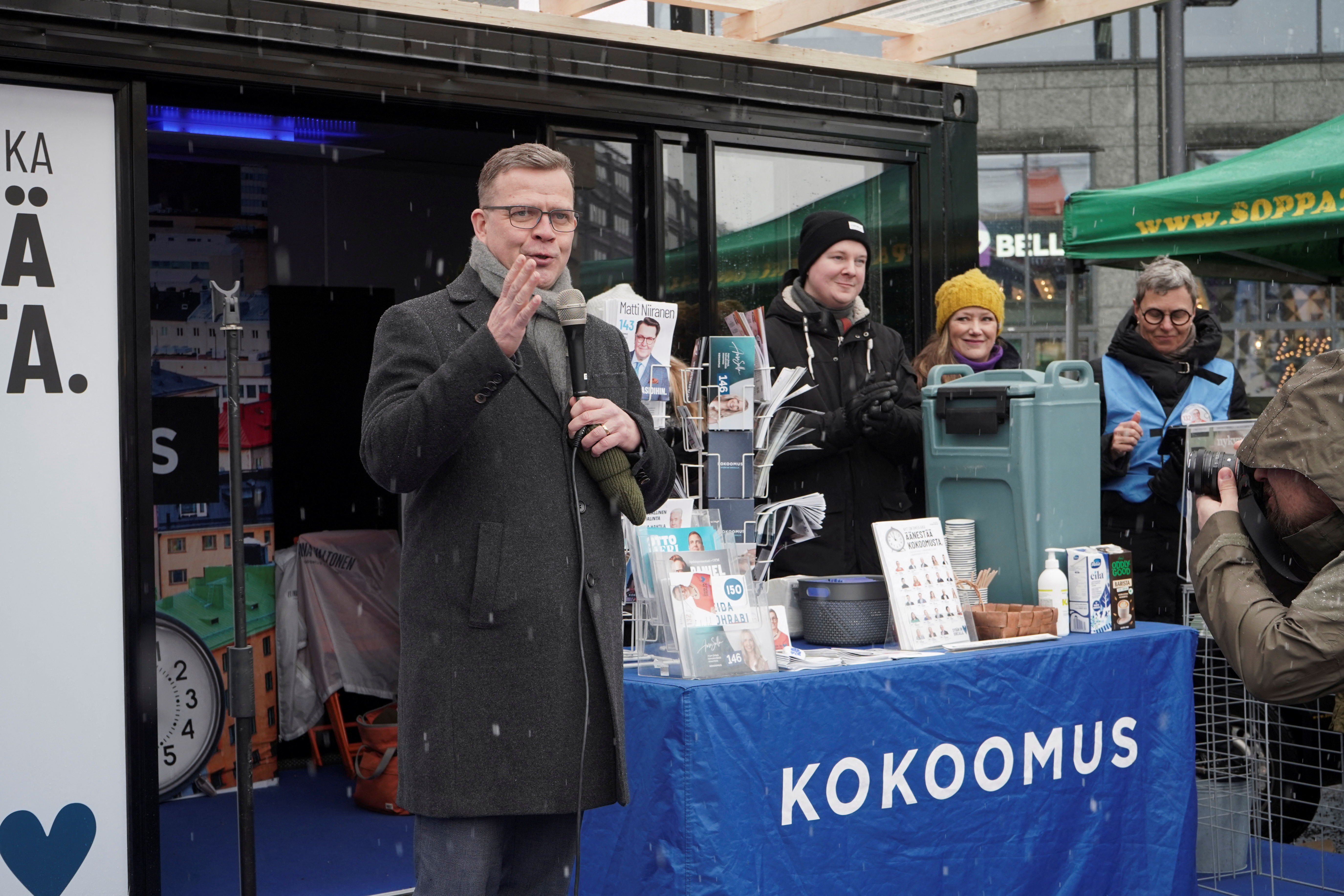 Leader of the National Coalition Party of Finland Petteri Orpo attends a campaign rally, in Helsinki