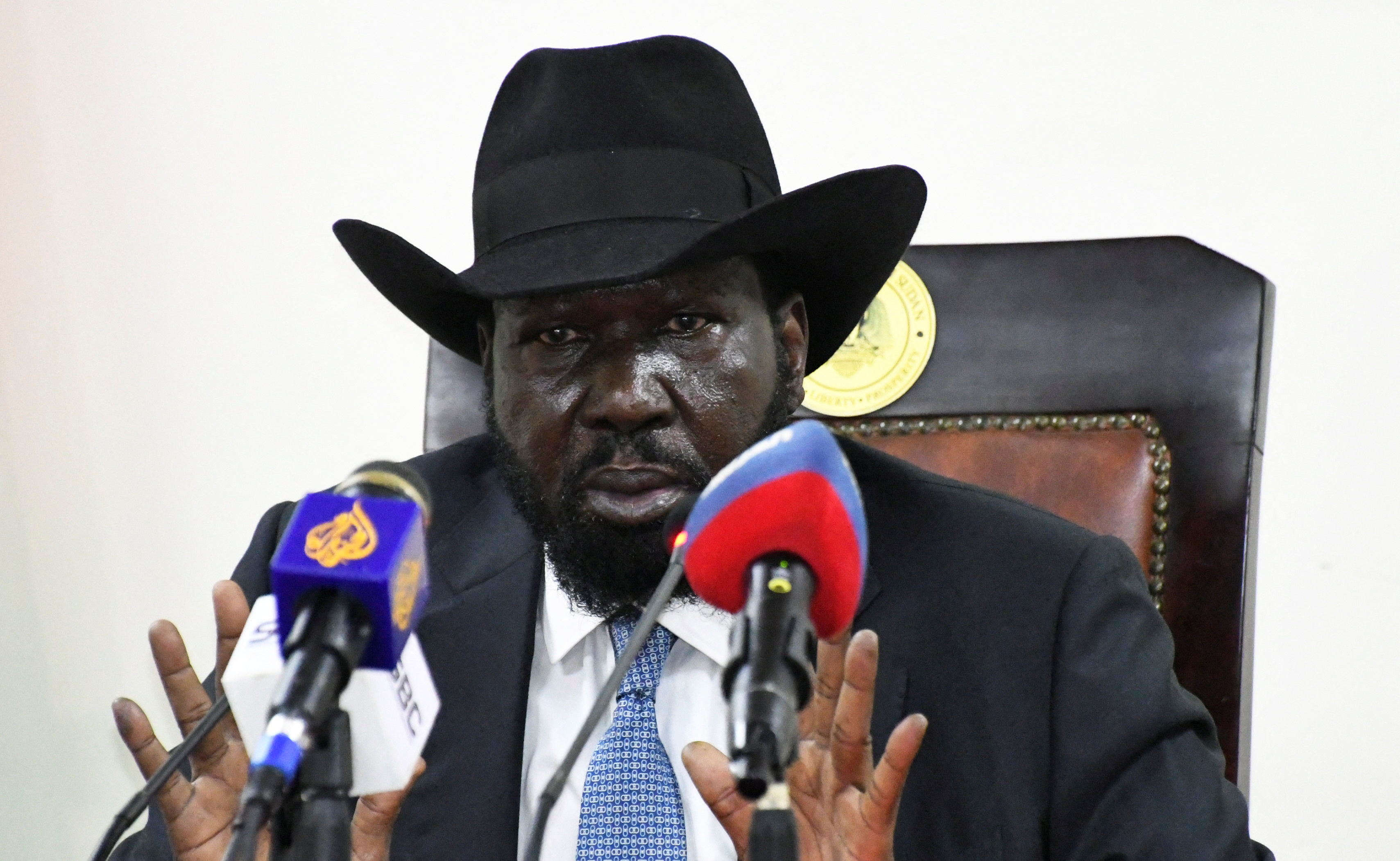 South Sudan's President Salva Kiir addresses a news conference at the State House in Juba