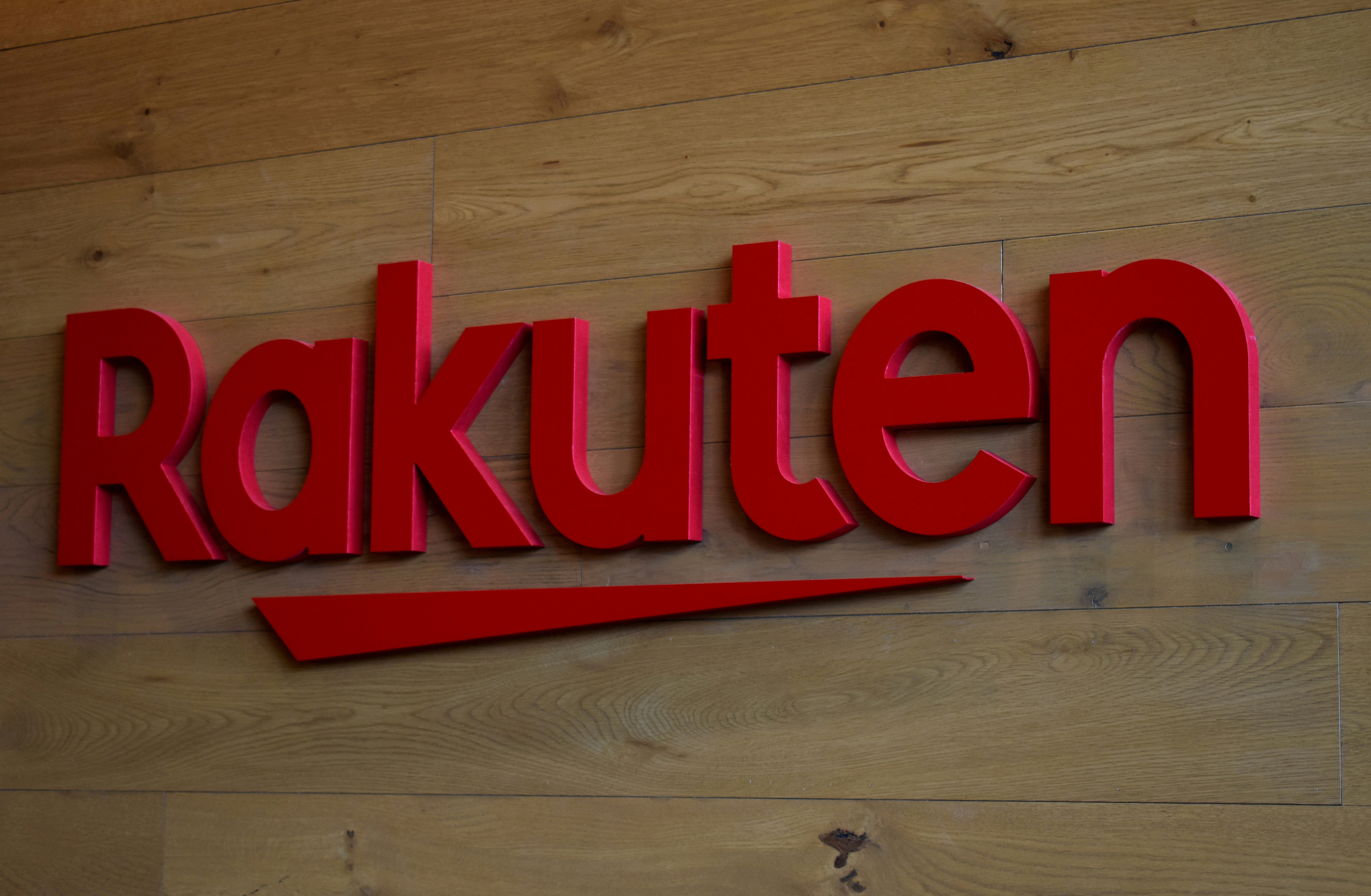 The logo of Rakuten is pictured at the headquarters of Rakuten in Tokyo