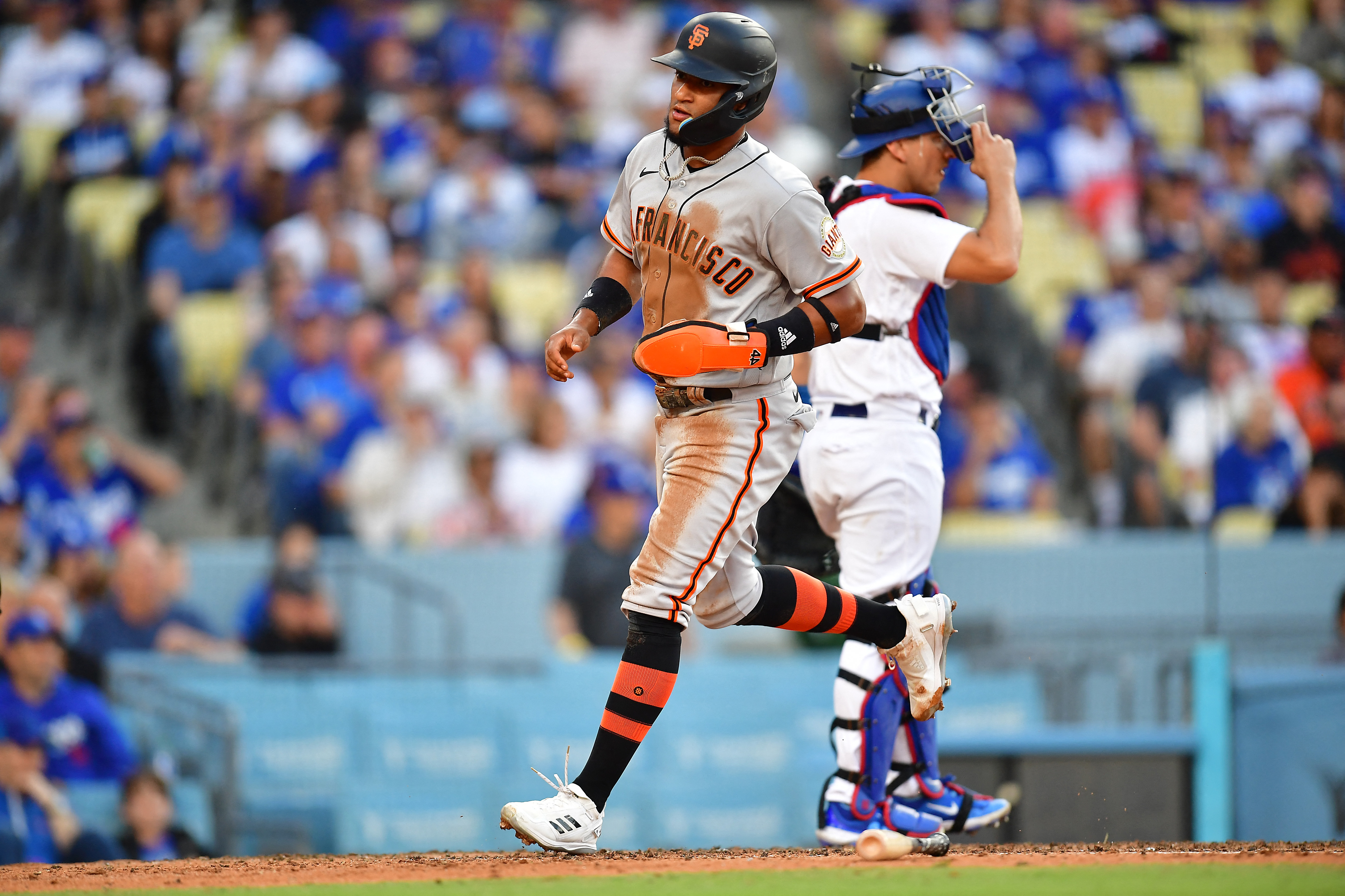 San Francisco Giants designated hitter Joc Pederson (23) swings at