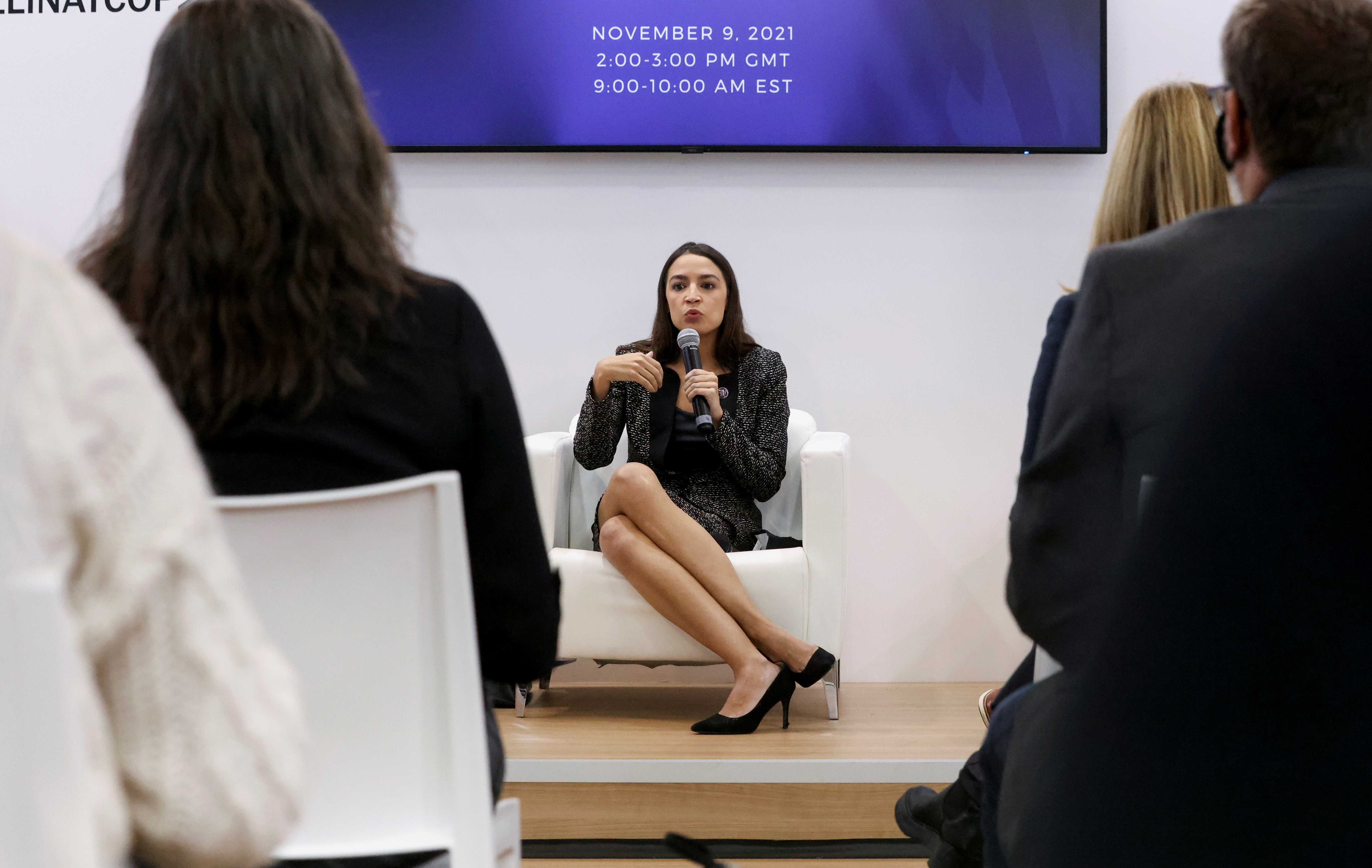 U.S. Representative Alexandria Ocasio-Cortez addresses a panel in the U.S Climate Action Center during the UN Climate Change Conference (COP26) in Glasgow, Scotland, Britain, November 9, 2021. REUTERS/Yves Herman