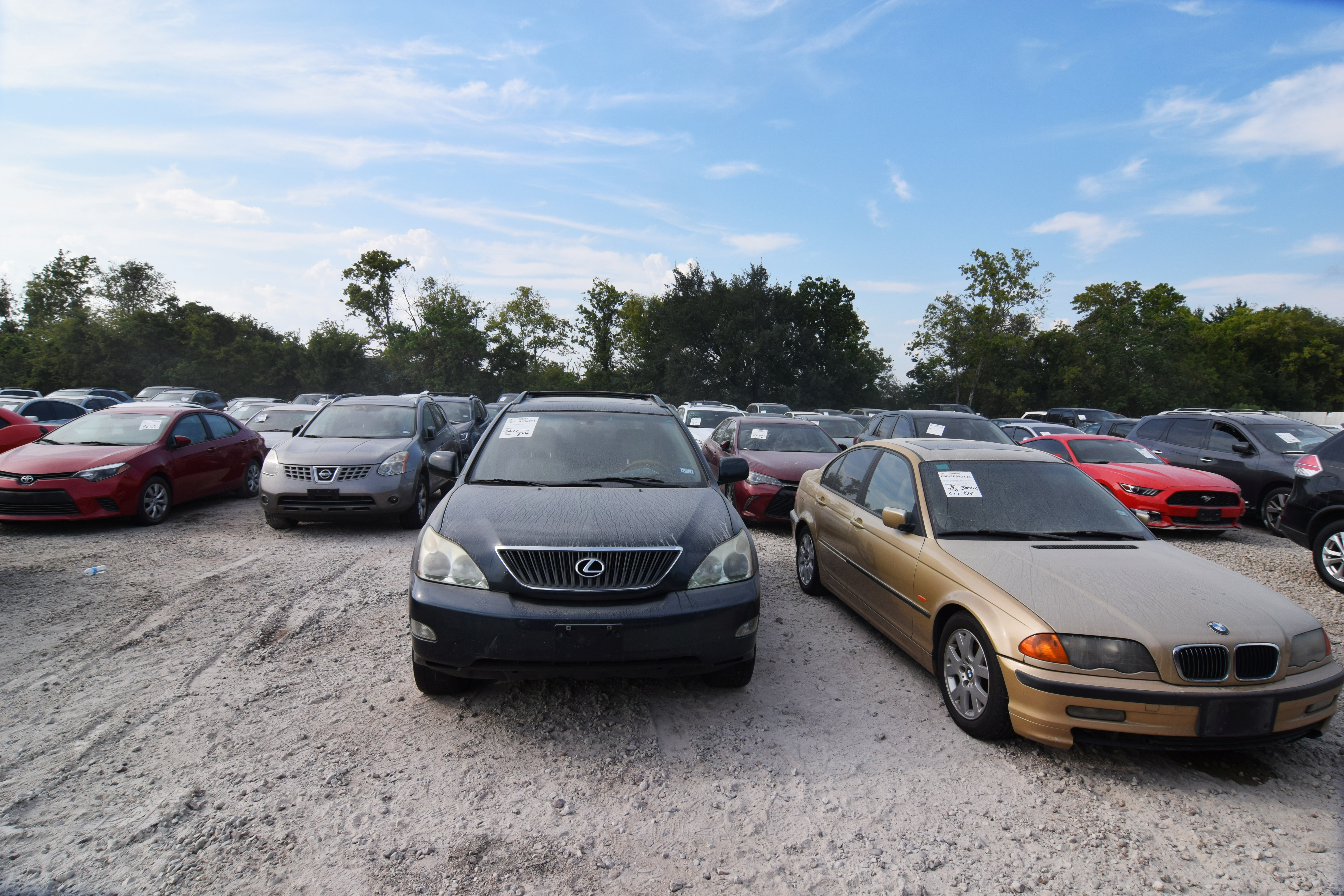 Cars damaged by Hurricane Harvey wait to be processed at a local staging area in Houston