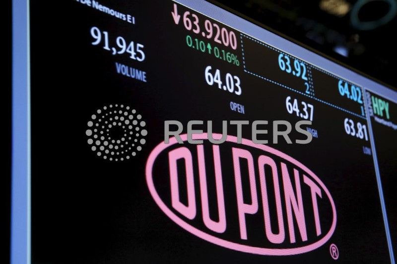 The Dupont logo is displayed on a board above the floor of the New York Stock Exchange shortly after the opening bell in New York