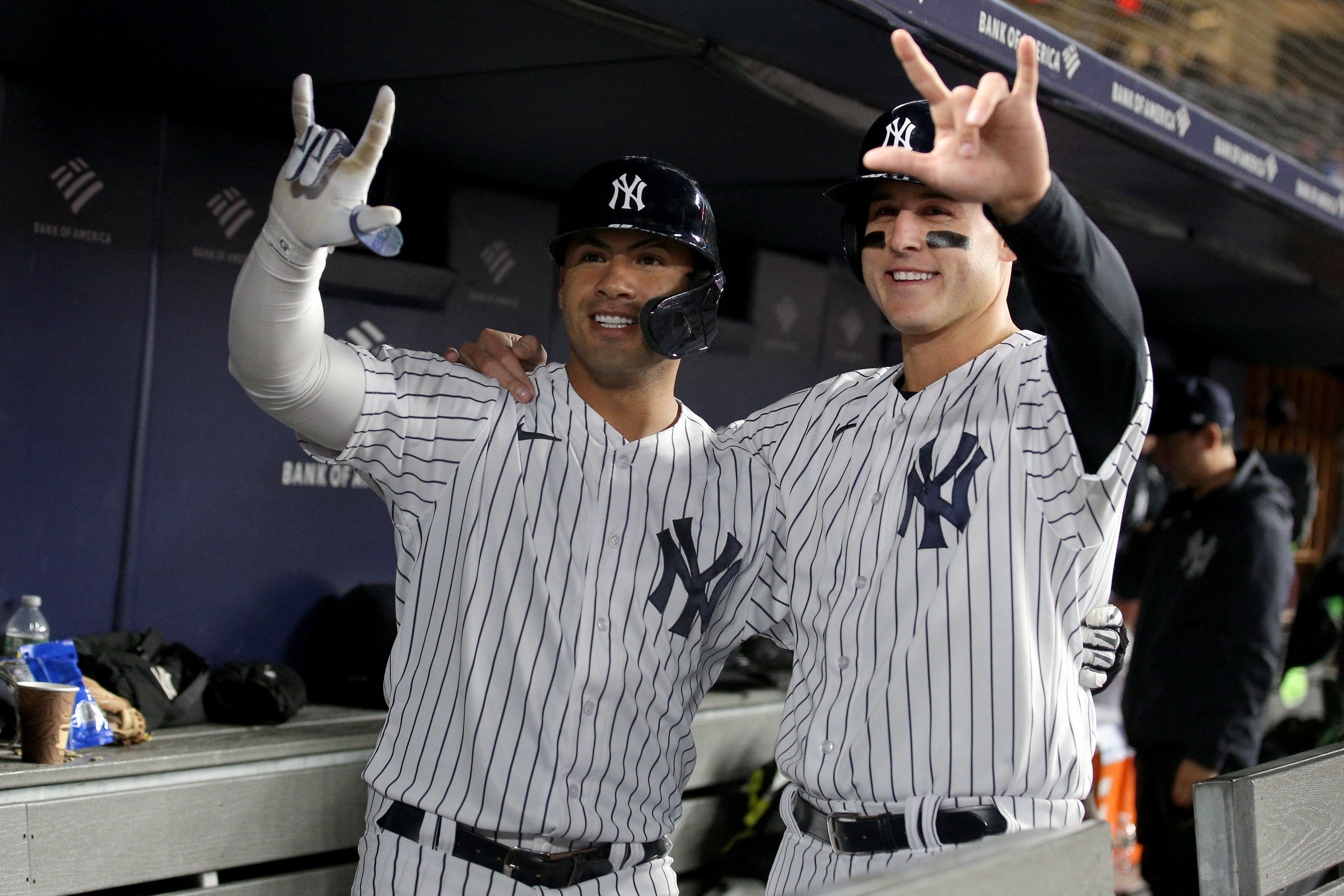 Aaron Judge and Harrison Bader of the New York Yankees smile