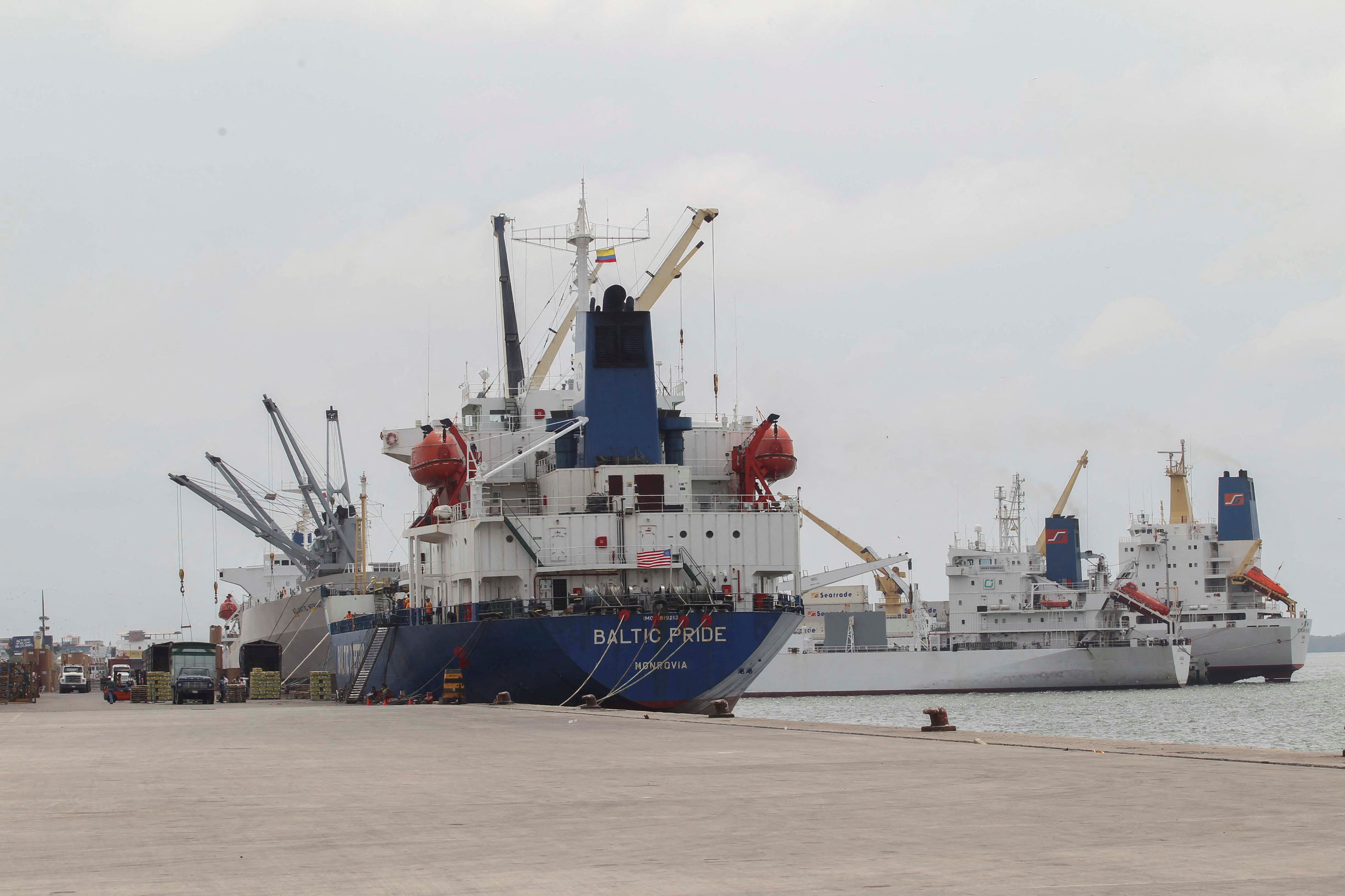 A ship is docked at the Bolivar marine port in Machala