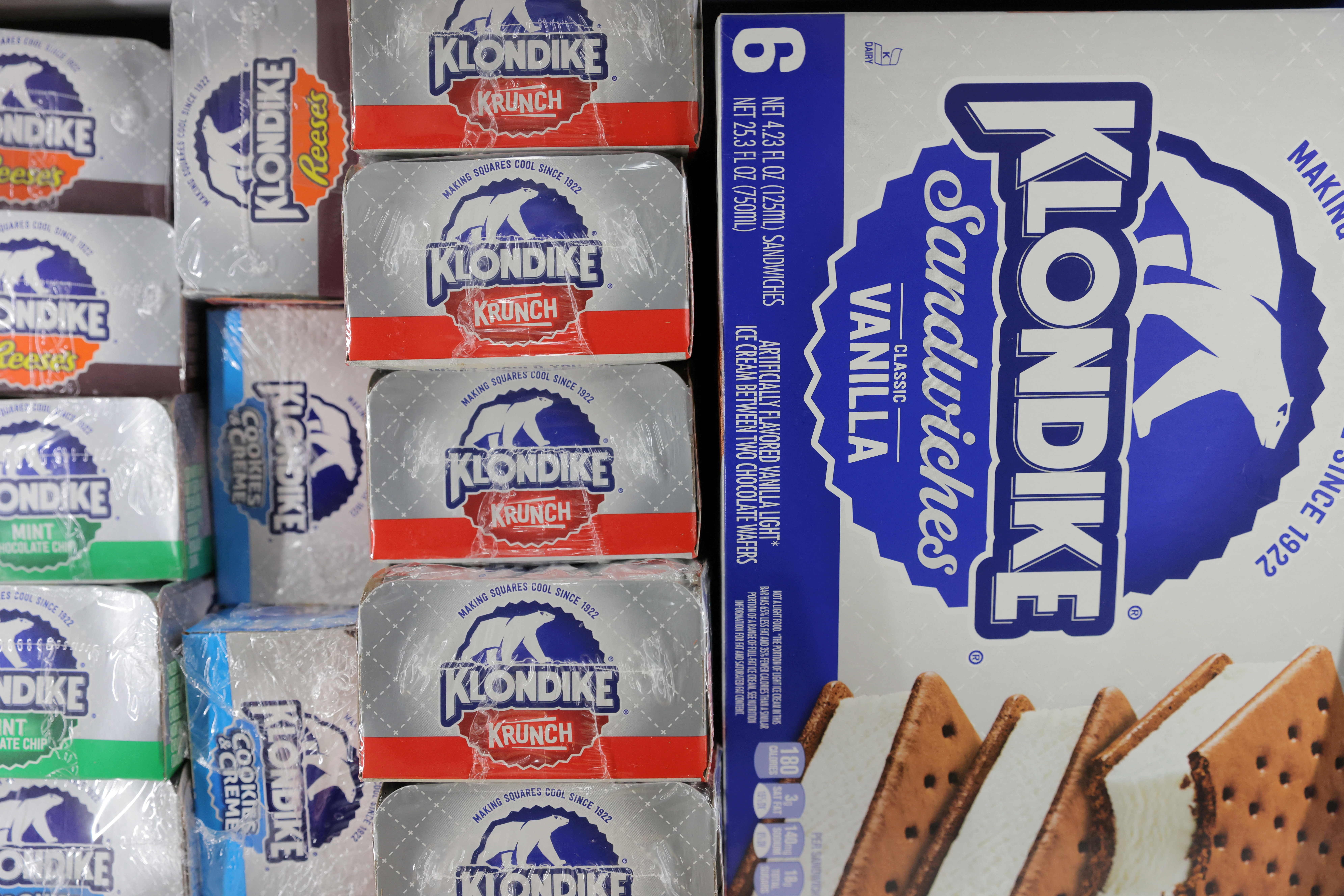 Klondike, a brand of Unilever, is seen on display in a store in Manhattan, New York City