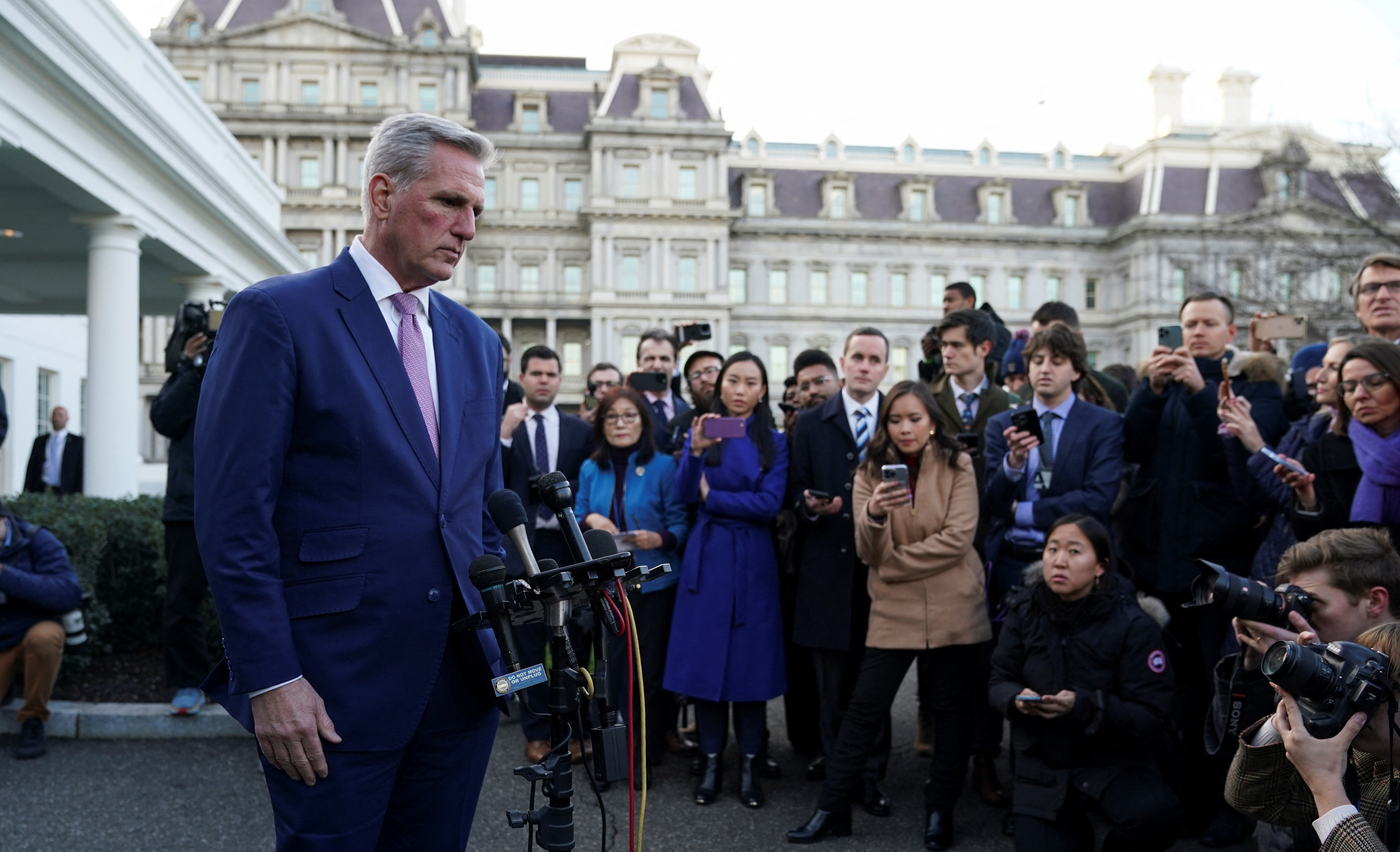 U.S. House Speaker McCarthy talks to reporters after meeting with President Biden at the White House in Washington