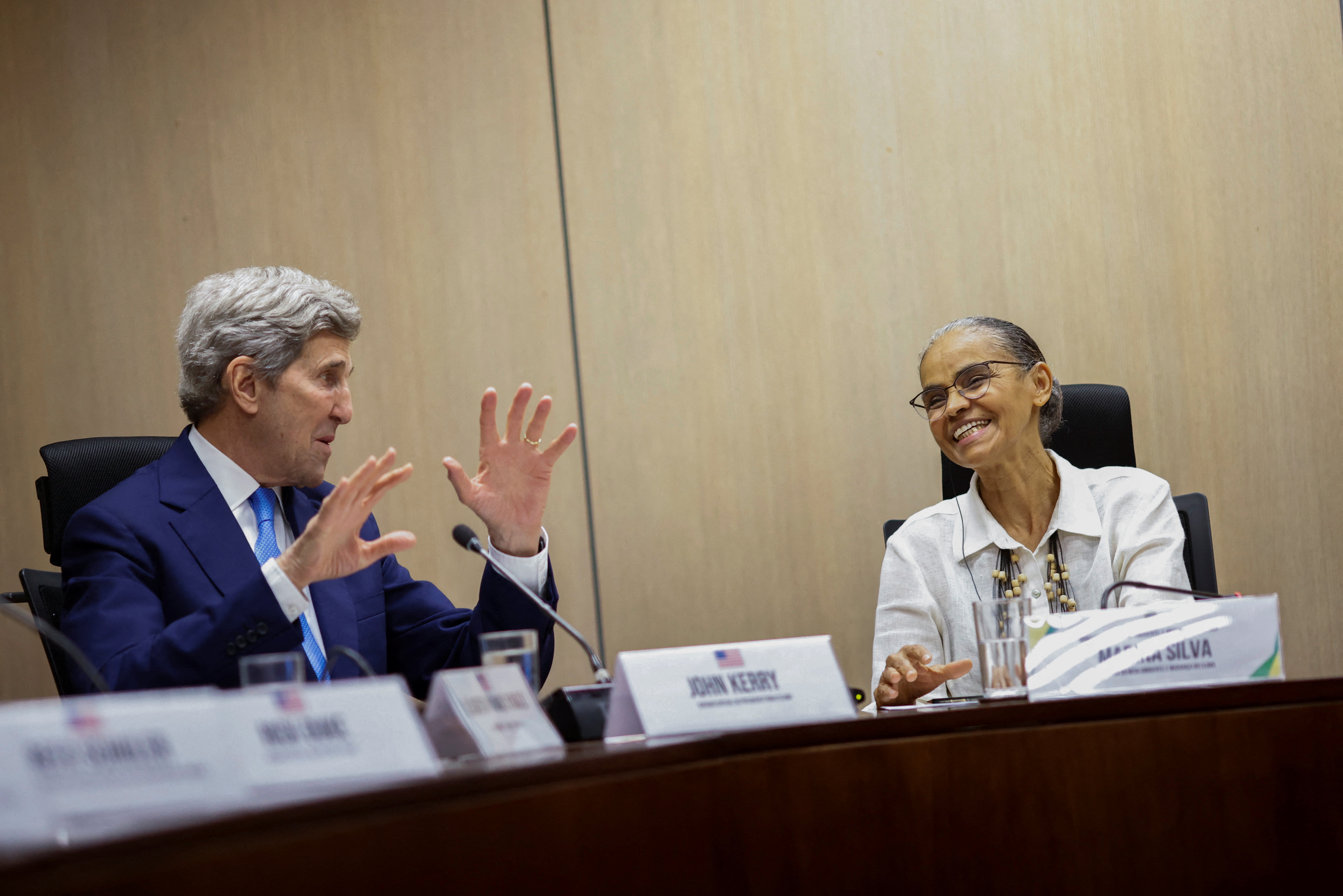 John Kerry, U.S. Special Envoy for Climate, talks with Brazil's Environment Minister Marina Silva during a meeting in Brasilia