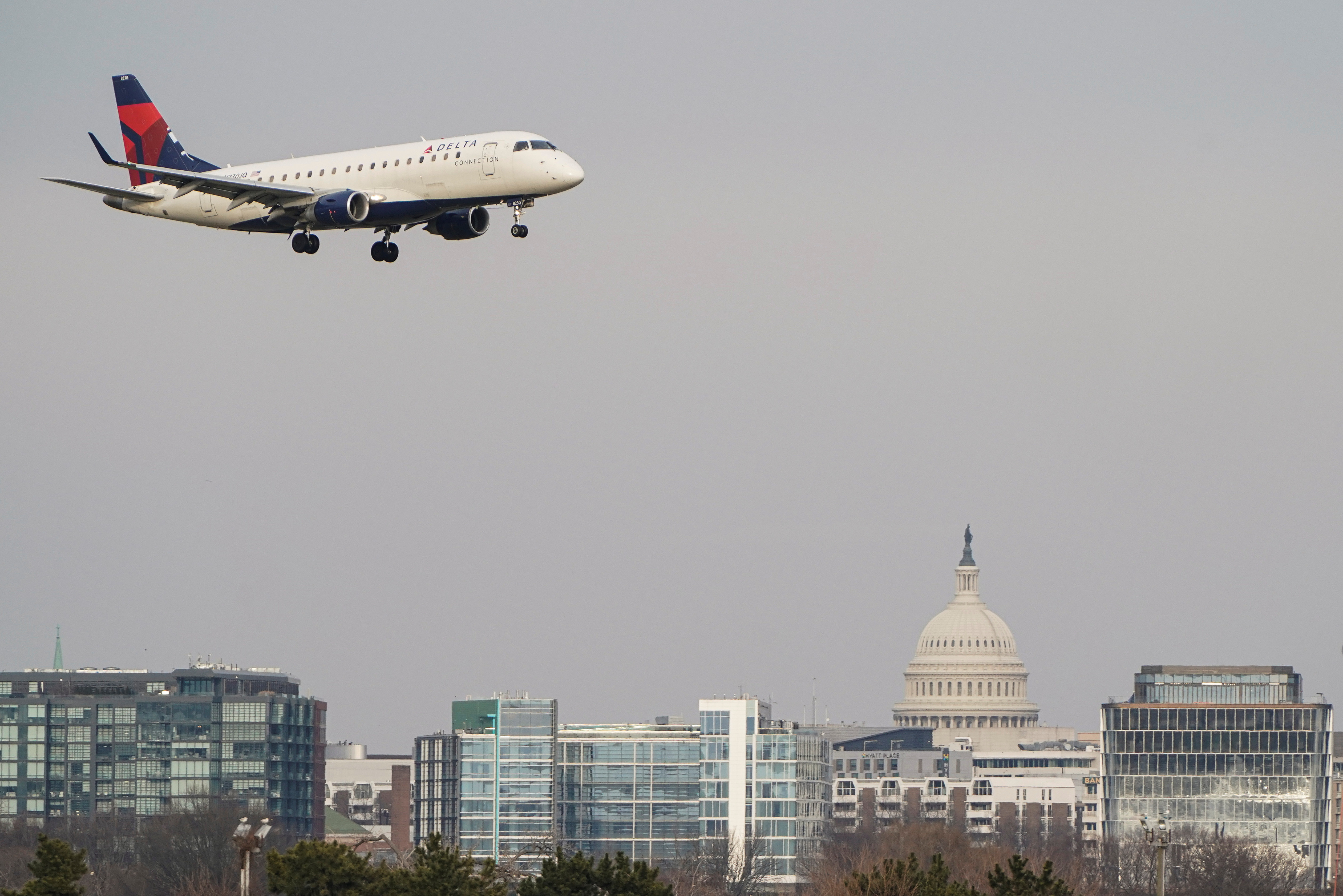 A Delta Air Lines aircraft lands at Reagan National Airport in Arlington, Virginia