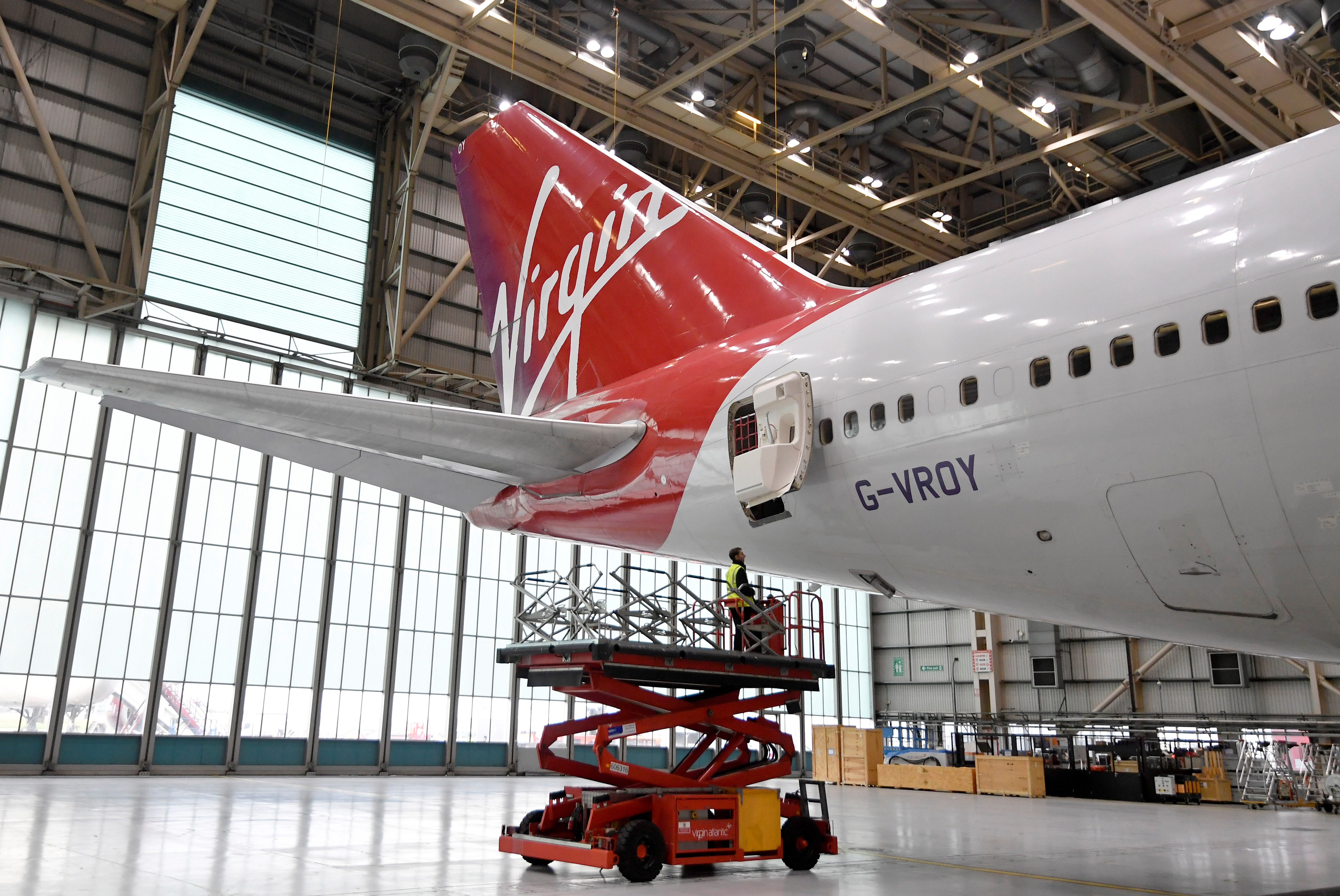 Boeing 747 being retired from passenger service by Virgin Atlantic Airways, before redeployment as a freight and military carrier, seen in a maintenance hanger at Heathrow Airport, London
