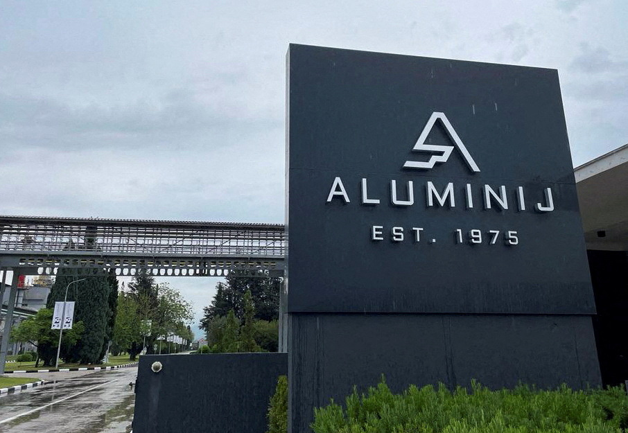 A new logo is seen in the business area of Bosnia’a aluminium producer Aluminij in Mostar