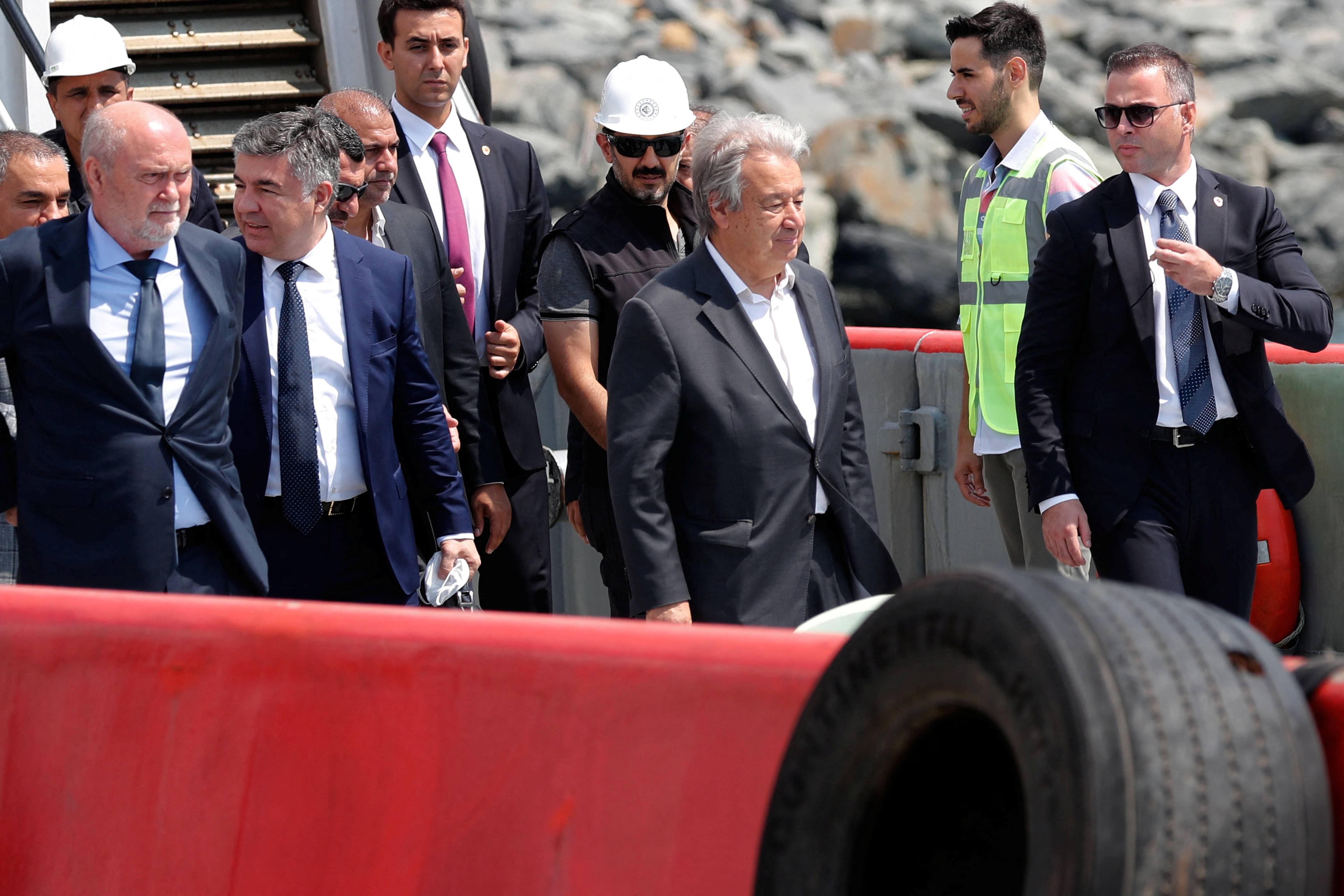 UN Secretary-General Guterres arrives on a boat to sail a Ukrainian grain-carrying vessel in Istanbul