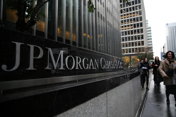 A sign of JP Morgan Chase Bank is seen in front of their headquarters tower in New York