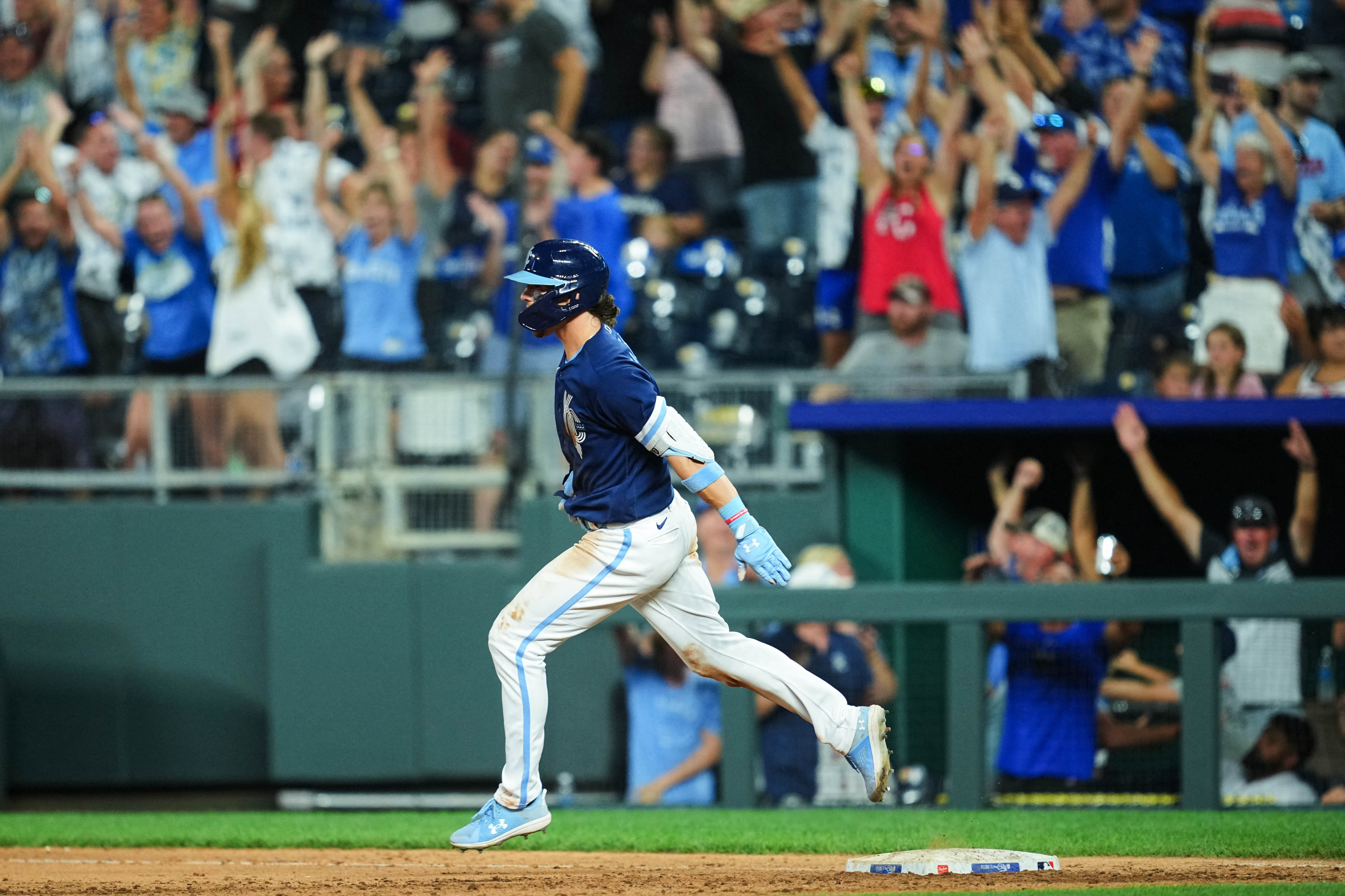 Kansas City, United States. 30th Mar, 2023. Kansas City Royals shortstop  Bobby Witt Jr. (7) hits a Minnesota Twins pitch during the first inning on  the Opening Day at Kauffman Stadium in