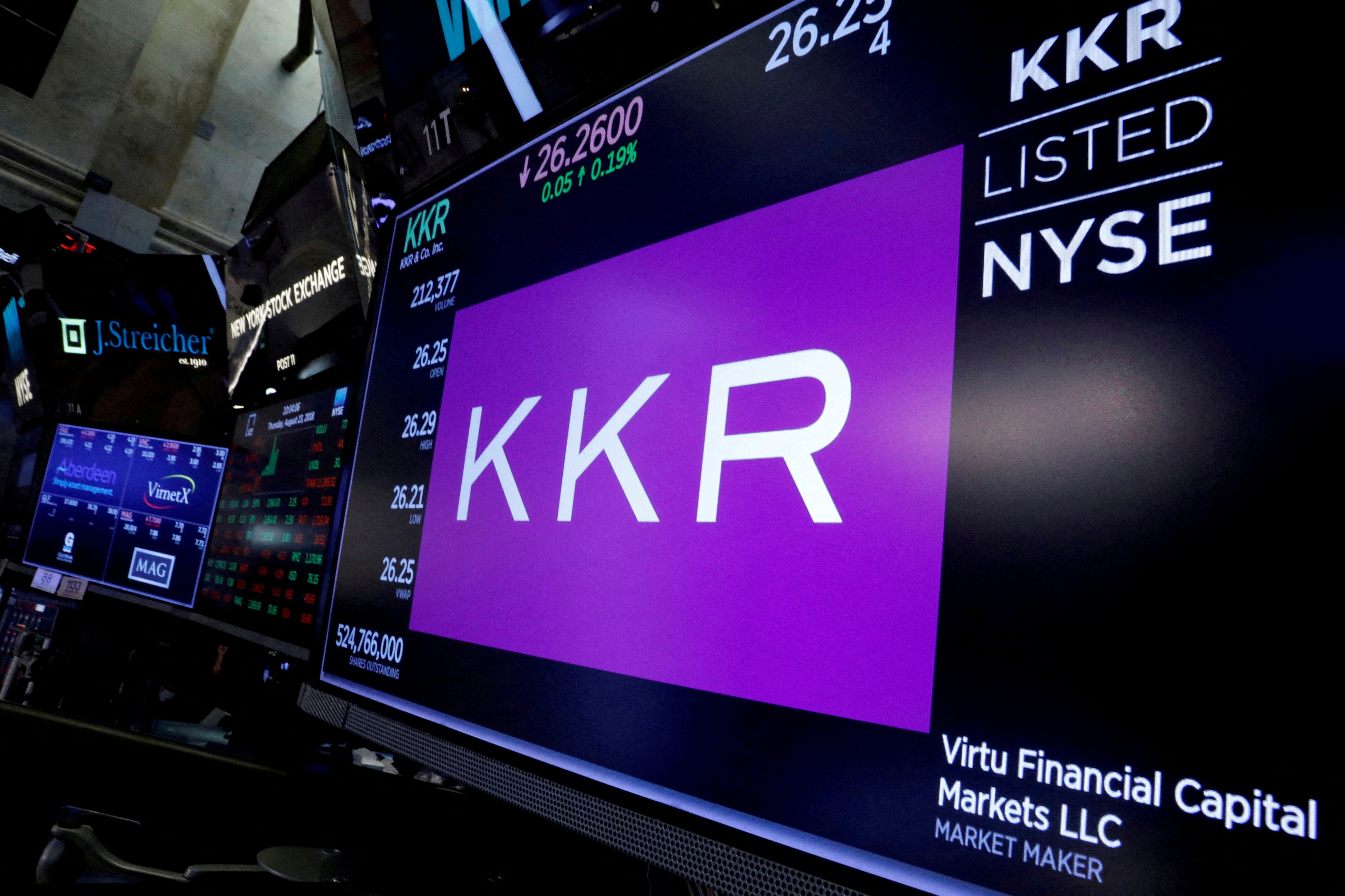 Trading information for KKR & Co is displayed on a screen on the floor of the NYSE in New York