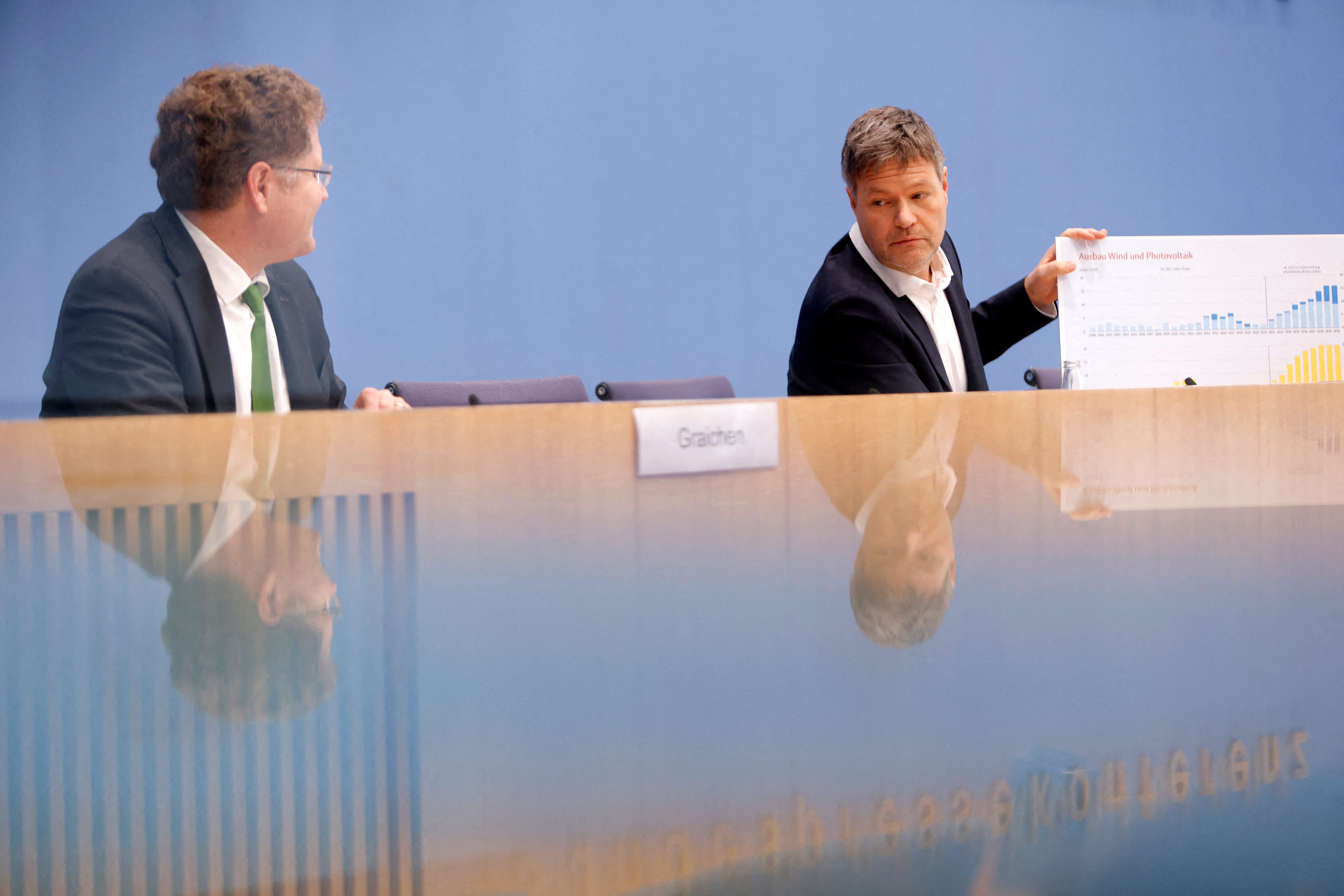 German Economy and Climate Protection Minister Habeck and State Secretary for Economy and Climate Graichen attend a news conference, in Berlin