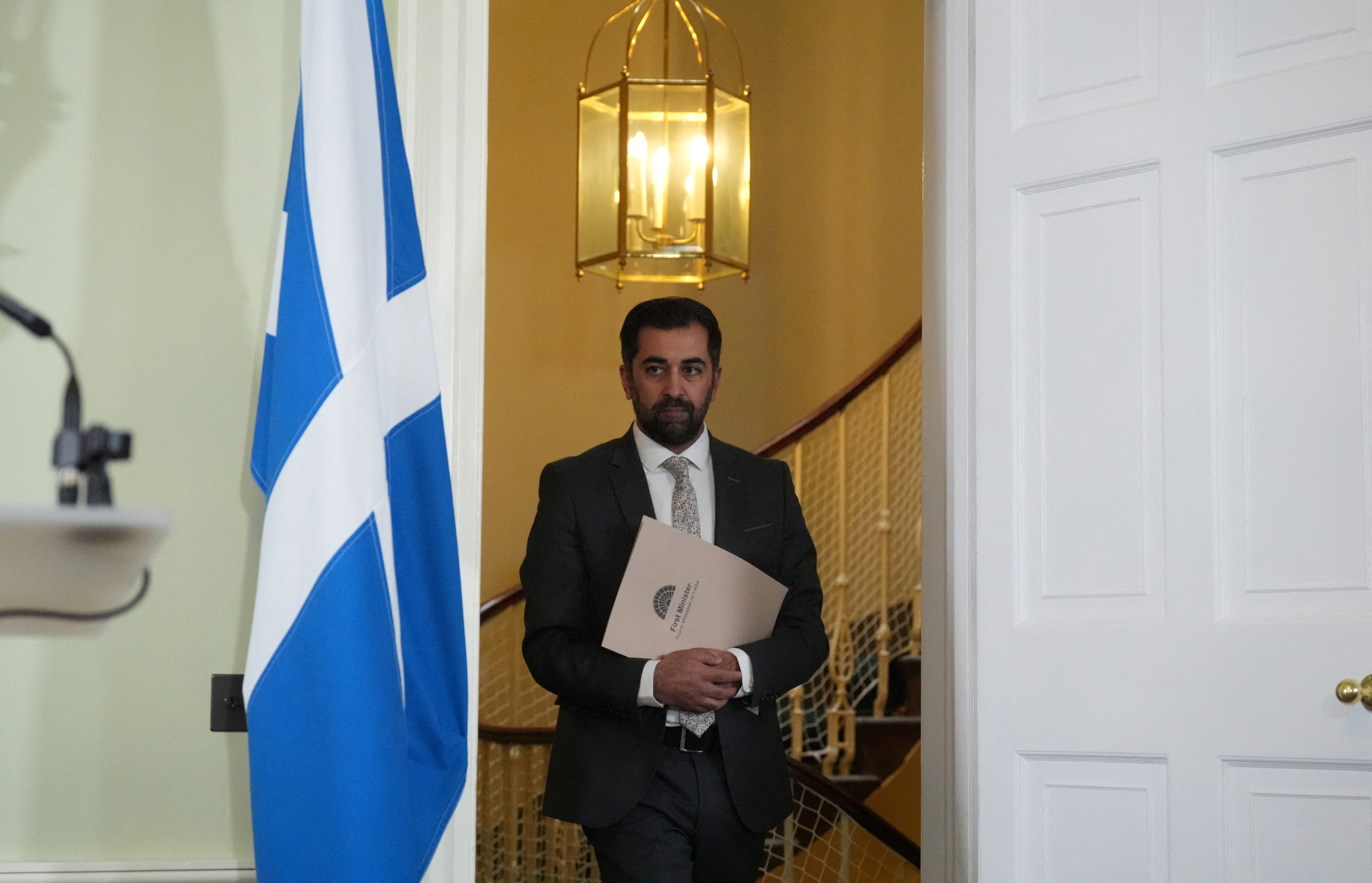 Scotland's First Minister Humza Yousaf speaks during a press conference at Bute House
