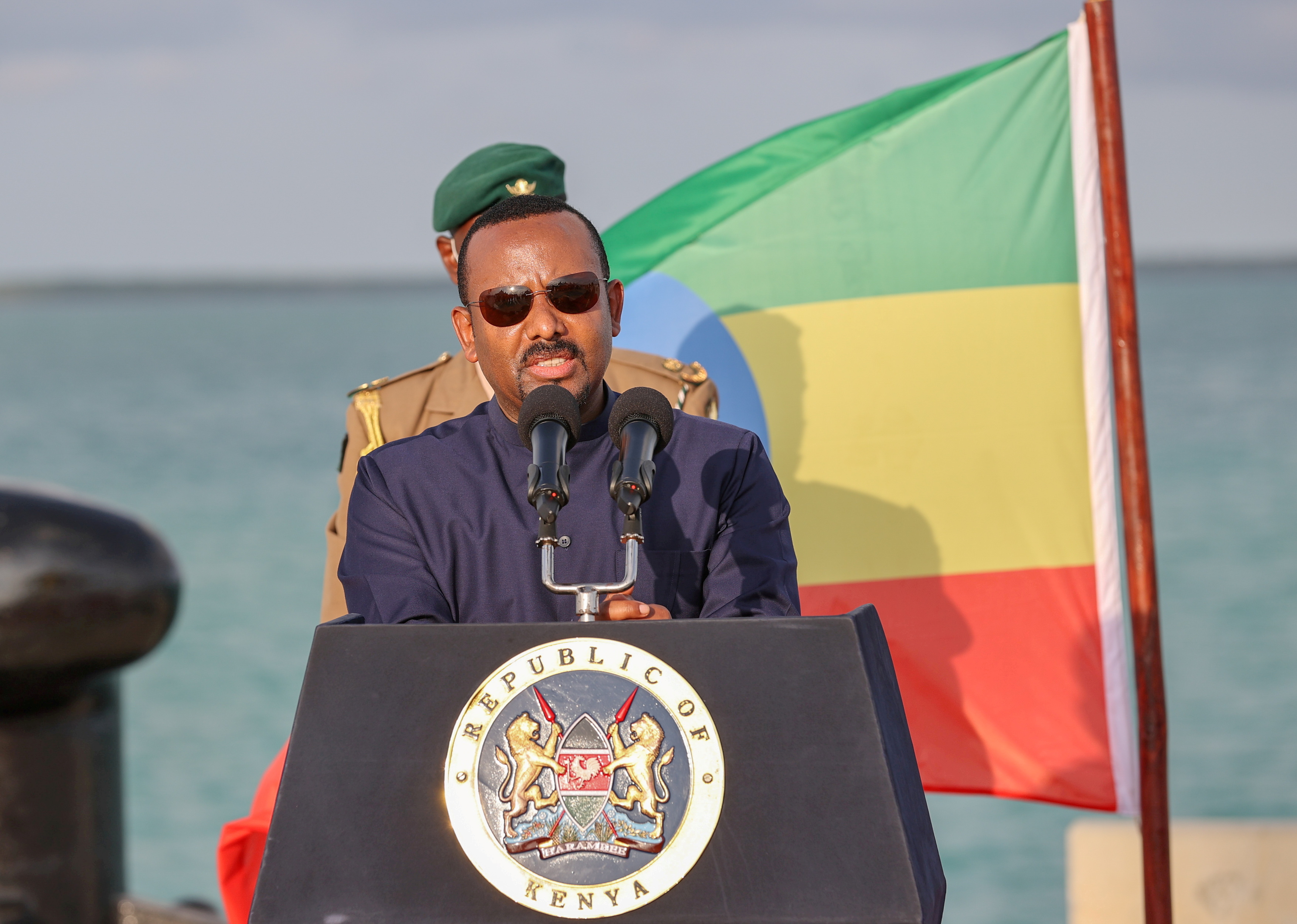 Ethiopian Prime Minister Abiy Ahmed address the media after inspecting ongoing developments at the new 32-berth Lamu Port in Lamu County