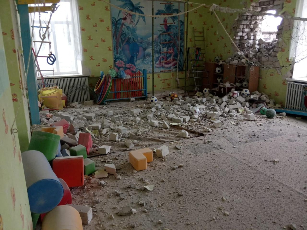 An interior view shows a kindergarten, which according to Ukraine's military officials was damaged by shelling, in Stanytsia Luhanska in the Luhansk region, Ukraine, in this handout picture released February 17, 2022. Press Service of the Joint Forces Operation/Handout via REUTERS 