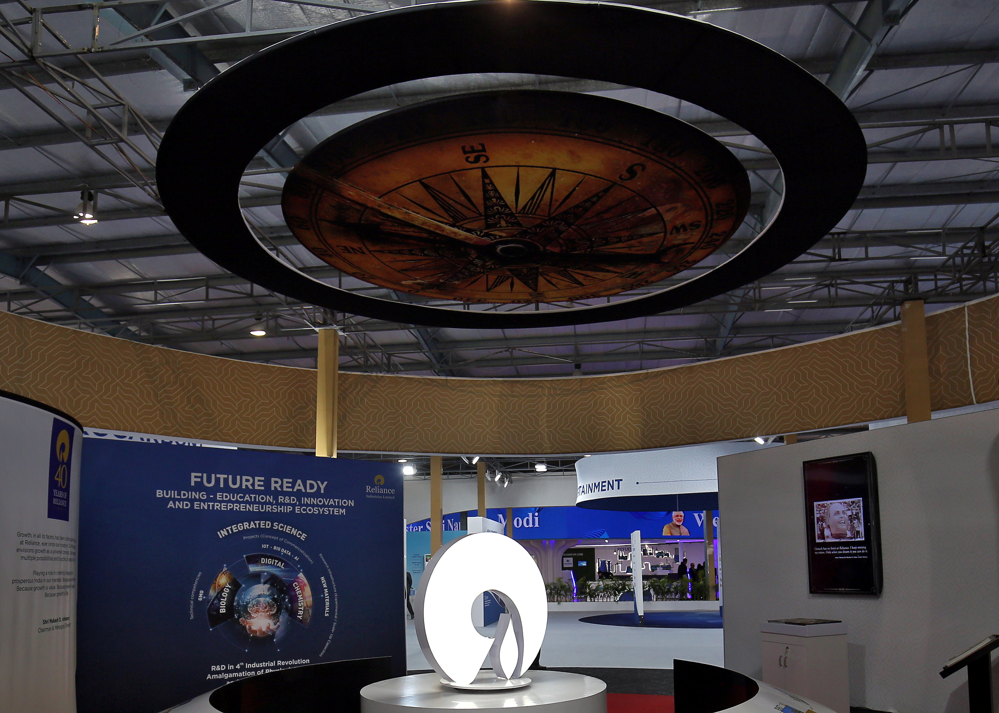 The logo of Reliance Industries is pictured in a stall at the Vibrant Gujarat Global Trade Show at Gandhinagar
