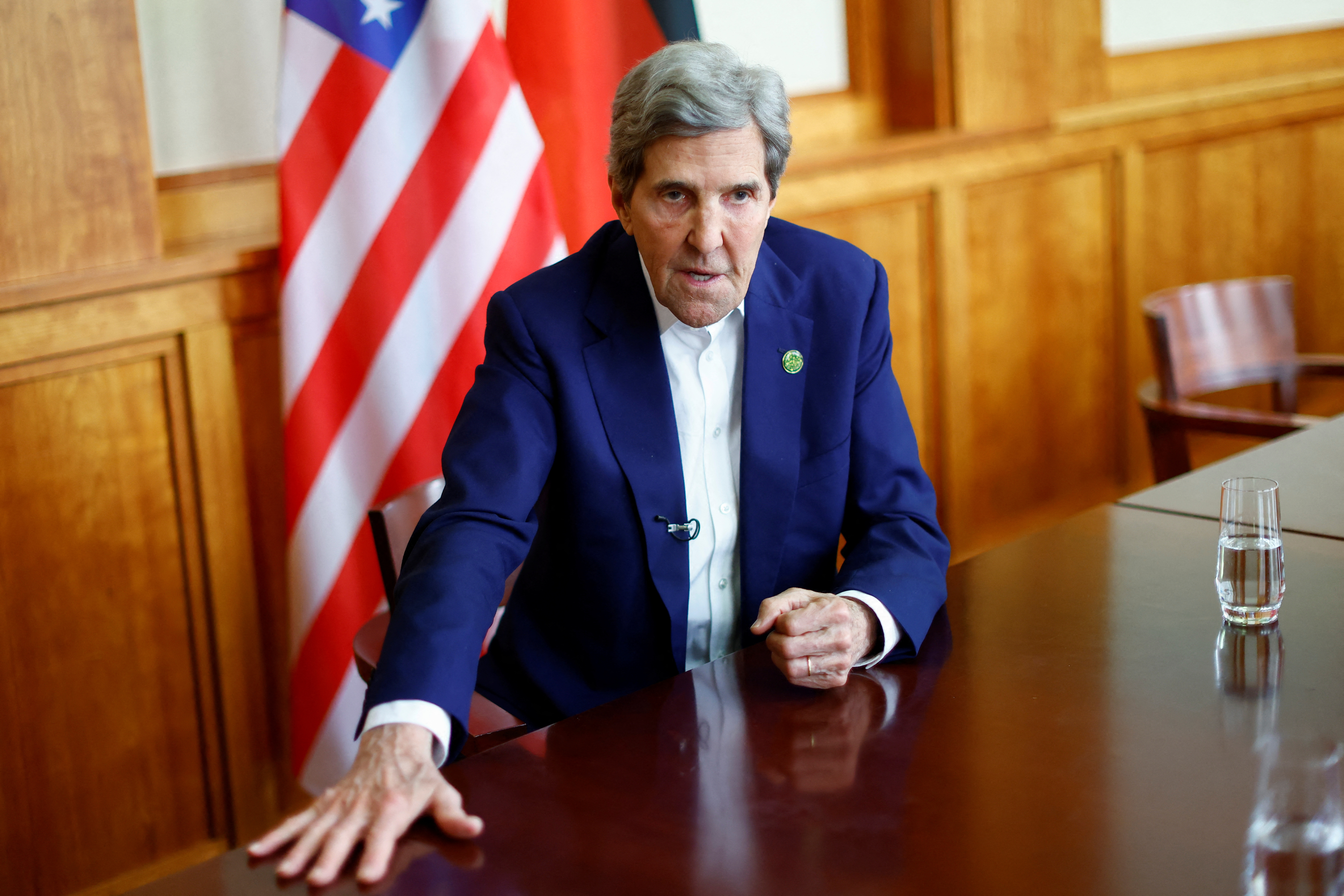 U.S. Special Presidential Envoy for Climate Kerry speaks during a Reuters interview at the 