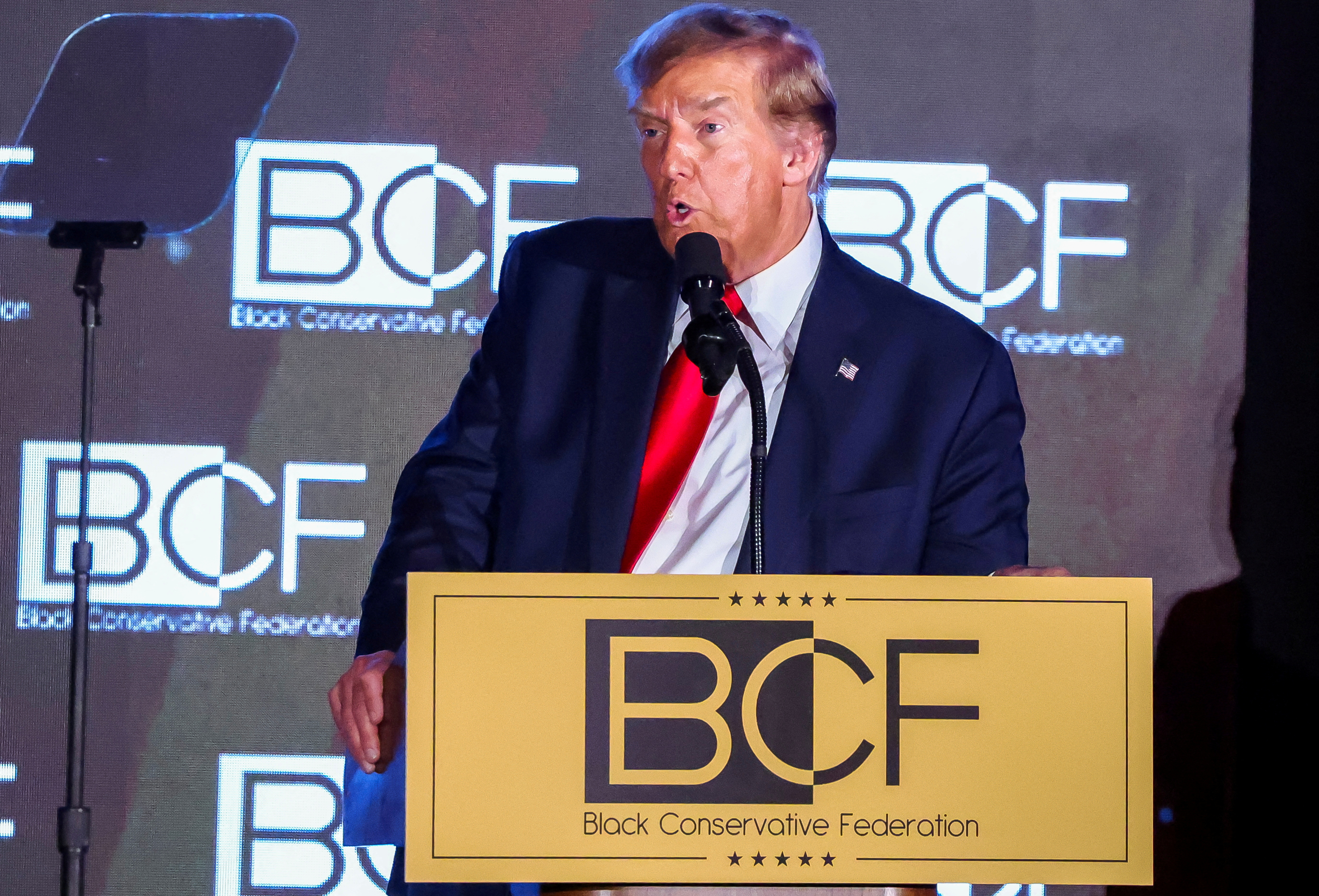 Former U.S. President Trump delivers a keynote speech at the Black Conservative Federation gala dinner, in Columbia, South Carolina