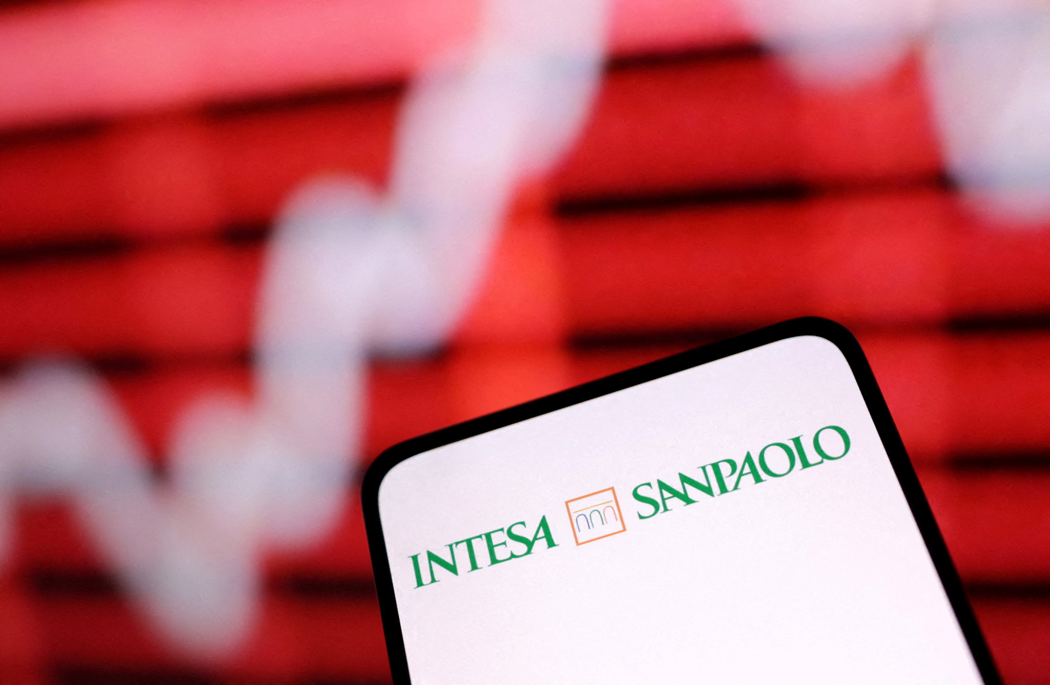 Illustration shows Intesa Sanpaolo bank logo and rising stock graph