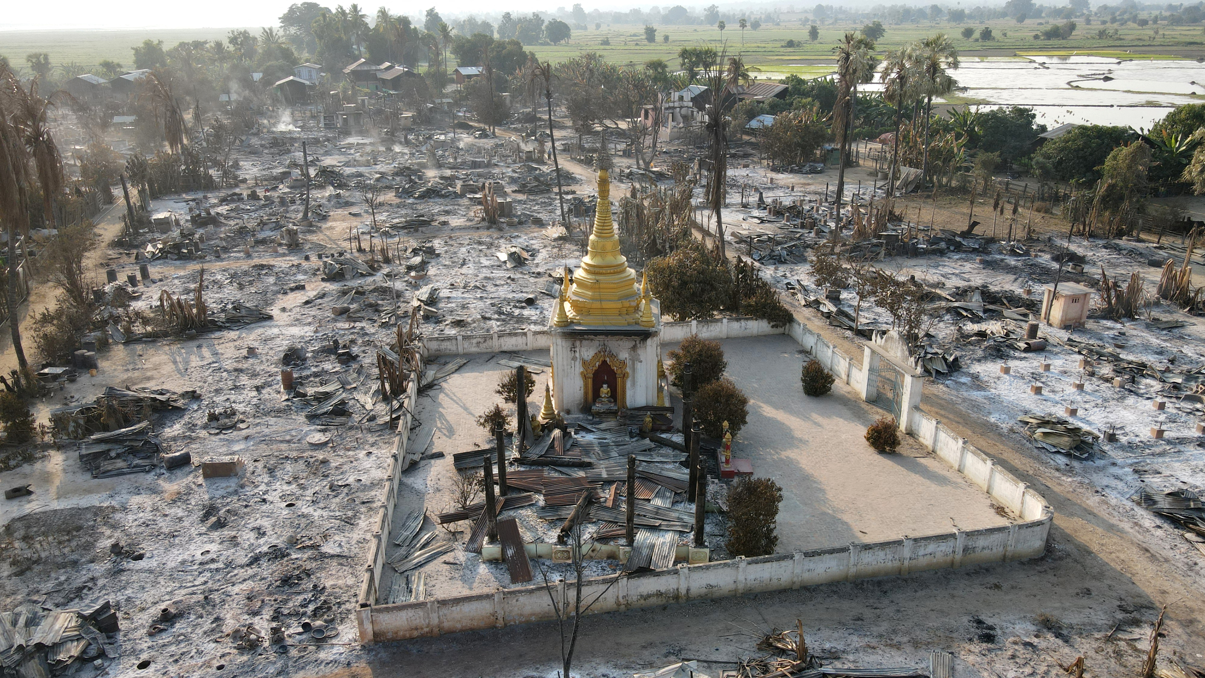 An aerial view of Bin village of the Mingin Township in Sagaing region after villagers say it was set ablaze by the Myanmar military